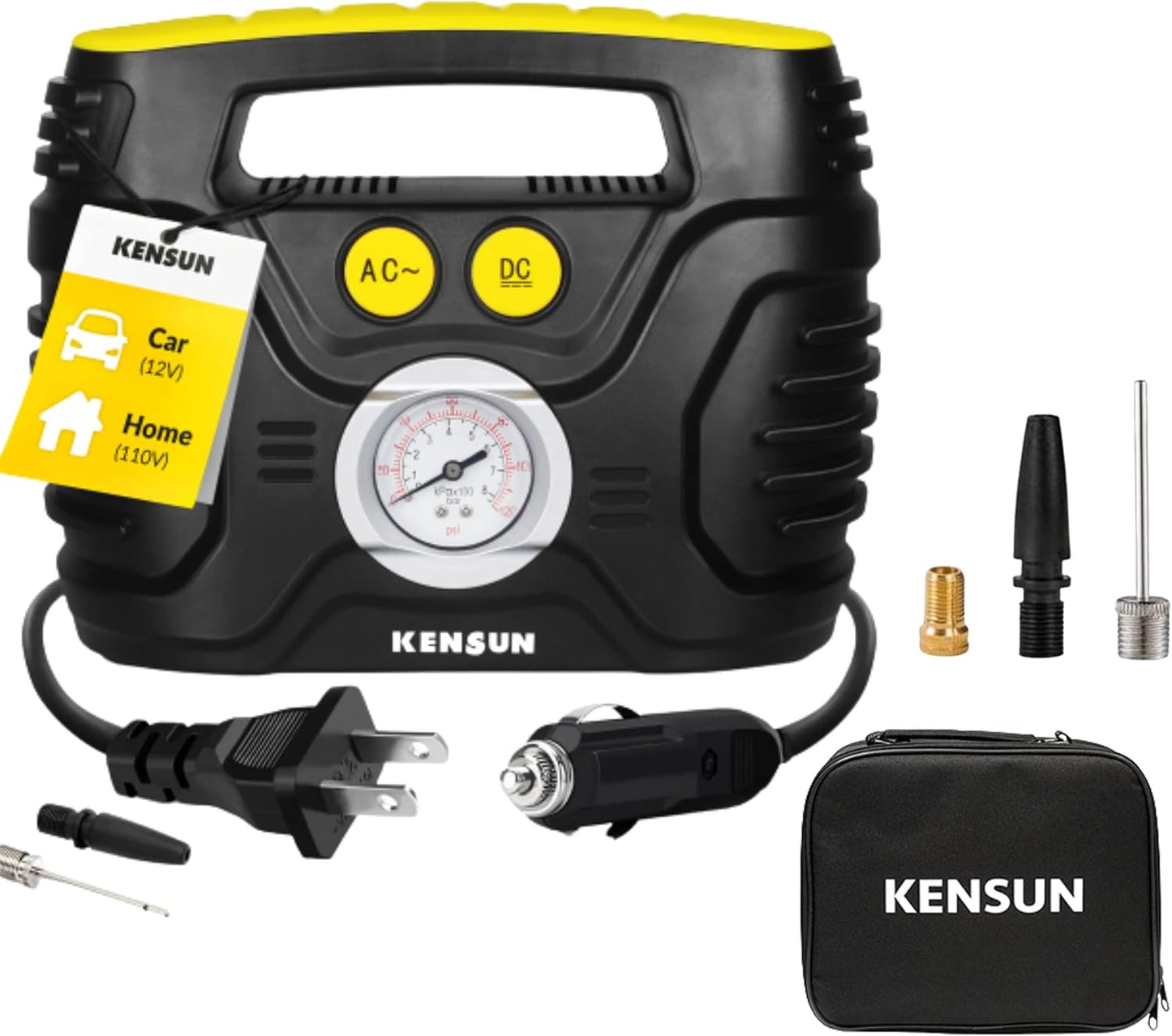 Kensun Portable Air Compressor Pump for Car 12V DC and Home 110V AC Swift Performance Tire Inflator 100 PSI for Car - Bicycle - Motorcycle - Basketball and Others with Analog Pressure Gauge (AC/DC)