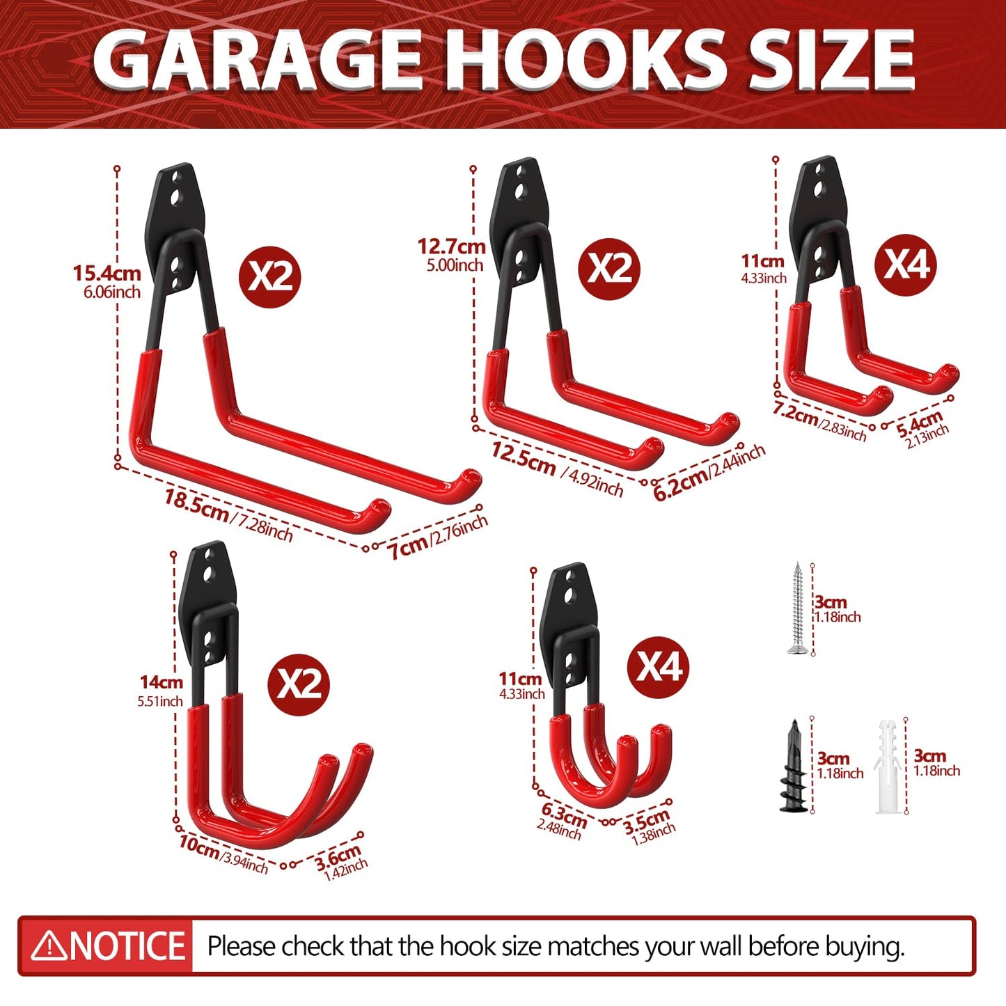 3-H Garage Wall Hooks 42 Pack, Heavy Duty Garage Hooks with Extra Welding Spots, Wall Mount Storage Organizer for Hanging Garden Lawn Tools, Ladder, Bike, WeedEater, Chair, Shovel, Blower (Red)