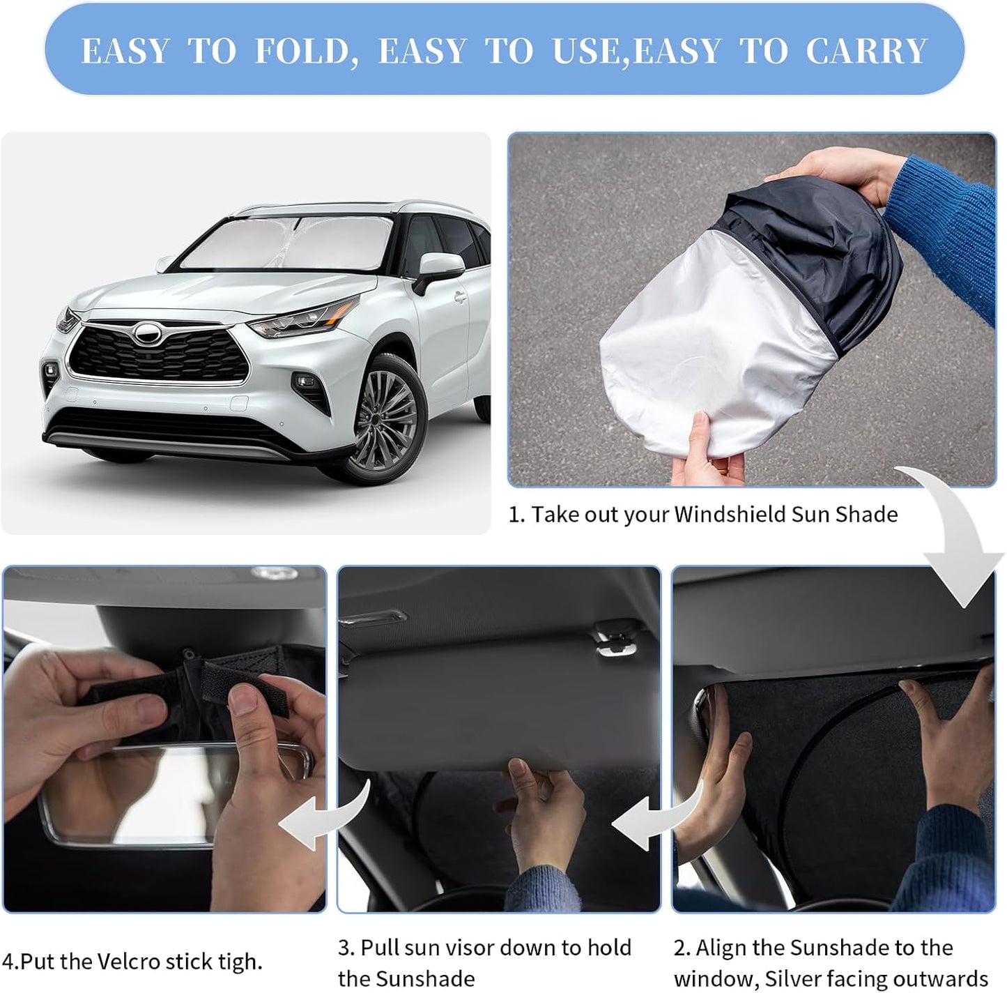 for Toyota Highlander 2020-2024 2025 2026 Sun Shade Sunshade Windshield Cover, 4-Layer Front Window Shade Custom Fit Highlander L LE XLE Limited Platinum Sun Visor 240T Fabric Car Accessories