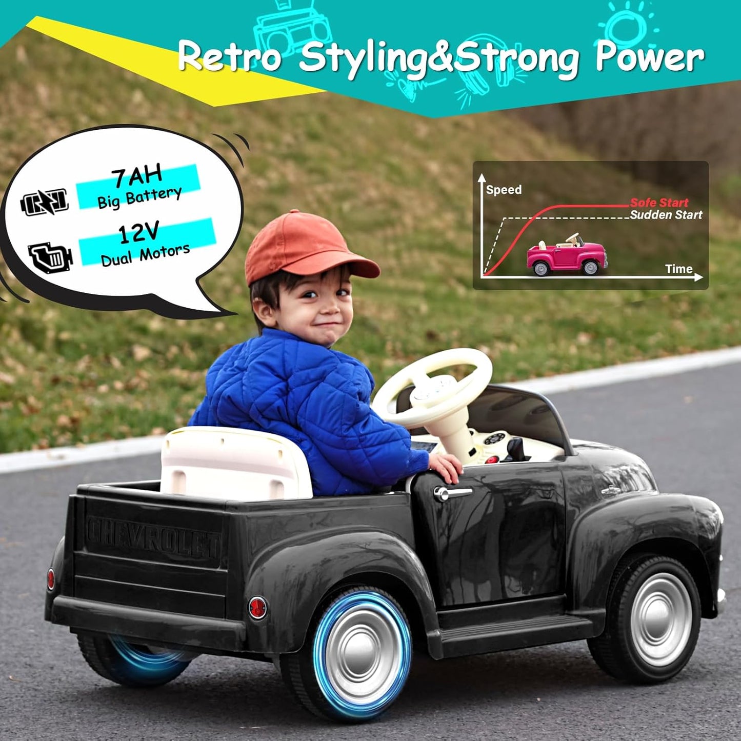Joywhale 12V Kids Ride on Car Licensed Chevrolet 3100 Pickup Battery Powered Motorized Electric Car,with 7AH Big Battery,2.4G Remote Control,3-Speeds,Storage Space,Music,Retro Style,Black