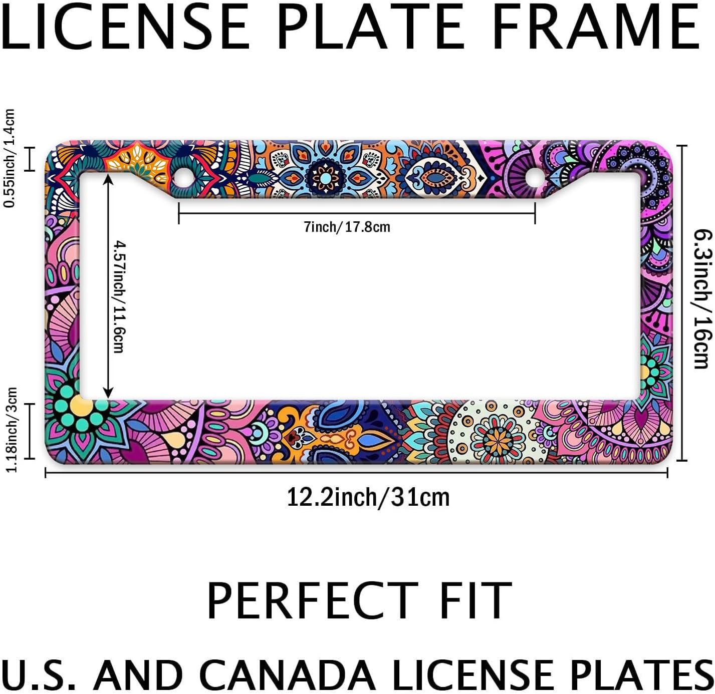 Mandala License Plate Frame, Boho Floral License Plate Holder, Flower Car Tag Holder Metal Aluminum Rustproof Car Accessories for Women Men 2 Holes with Screw Caps