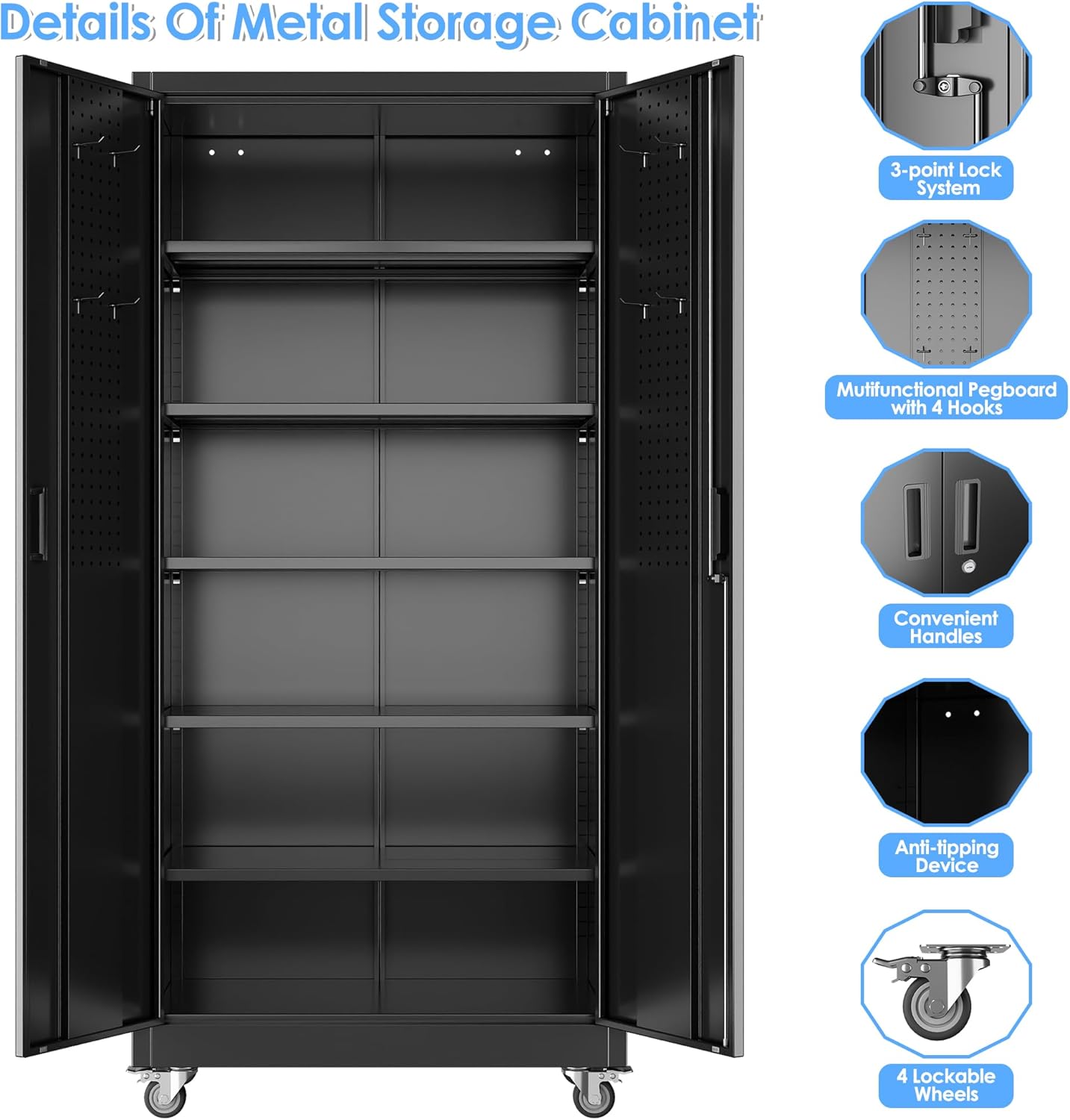 Garage Storage Cabinet with Wheels & Pegboard, 71" H×34" W×18" D Locking Metal Storage Cabinet with 2 Doors and 5 Adjustable Shelves for Garage Workshop Home, Black, Assembly Required