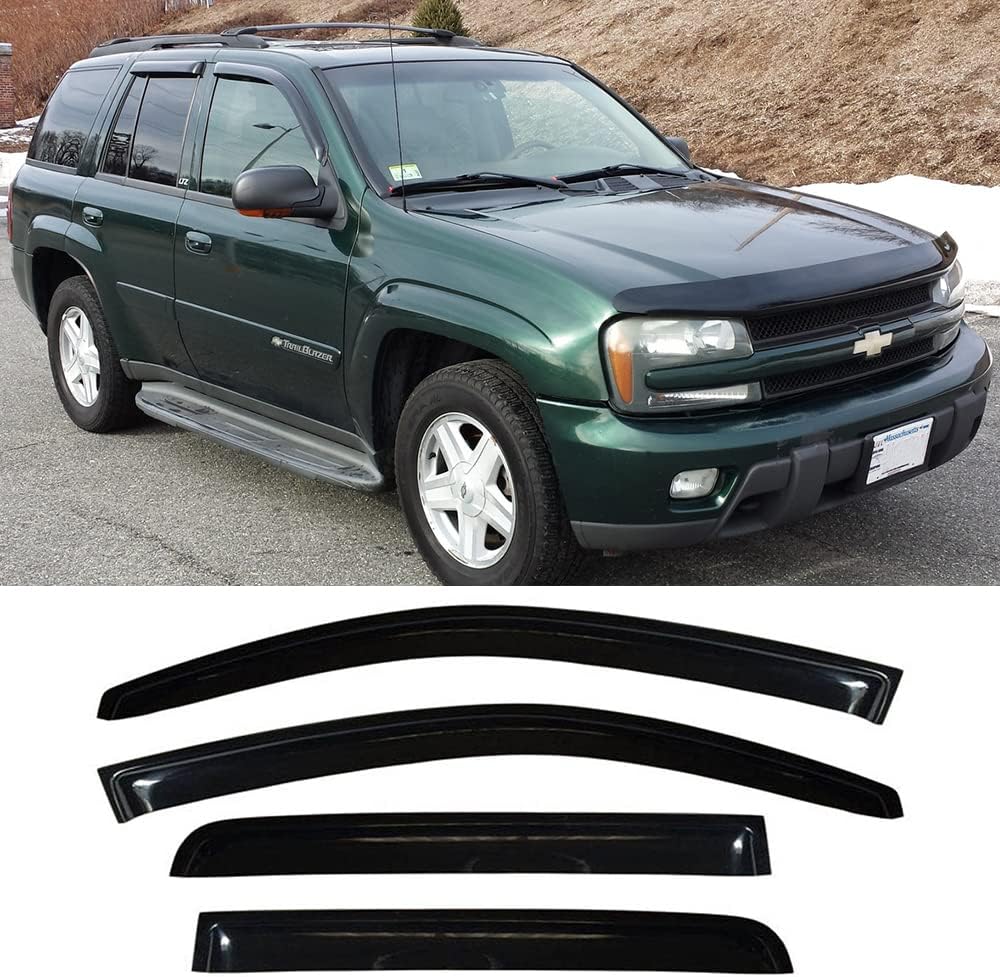94733 Side Window Wind Deflector,4pcs Outside Mount Style Nice Sun Rain Guards Set,Dark Smoke Window Visor fit for 2002-2009 Chevry Trailblazer/GMC Envoy