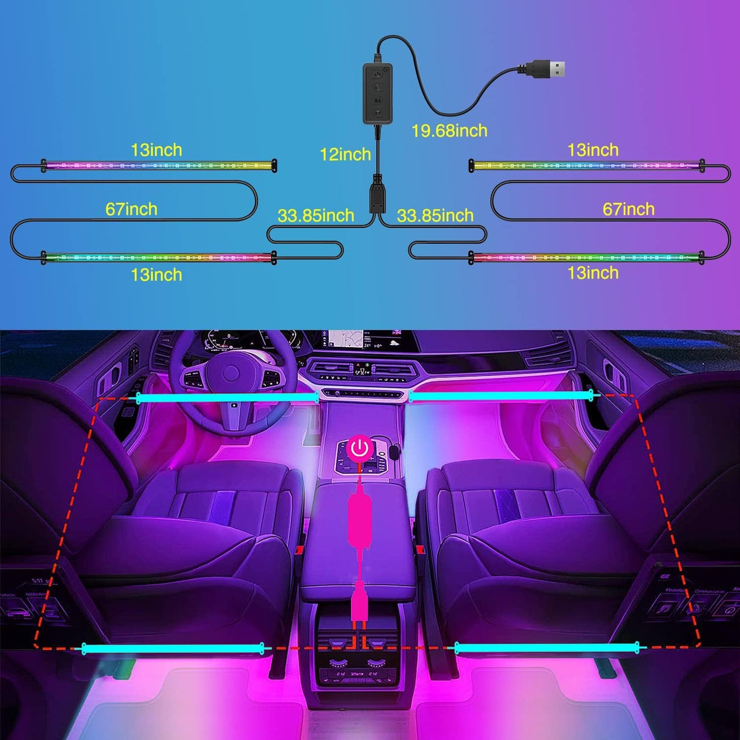 Nilight 72 LED USB Interior Strip Lights Dream Color RGB-IC 12V DC with App RF Remote Control Multicolor Footwell Under Dash Chasing Inside Light Kits 2 Lines Music Sync Mode for Cars Truck ATV UTV