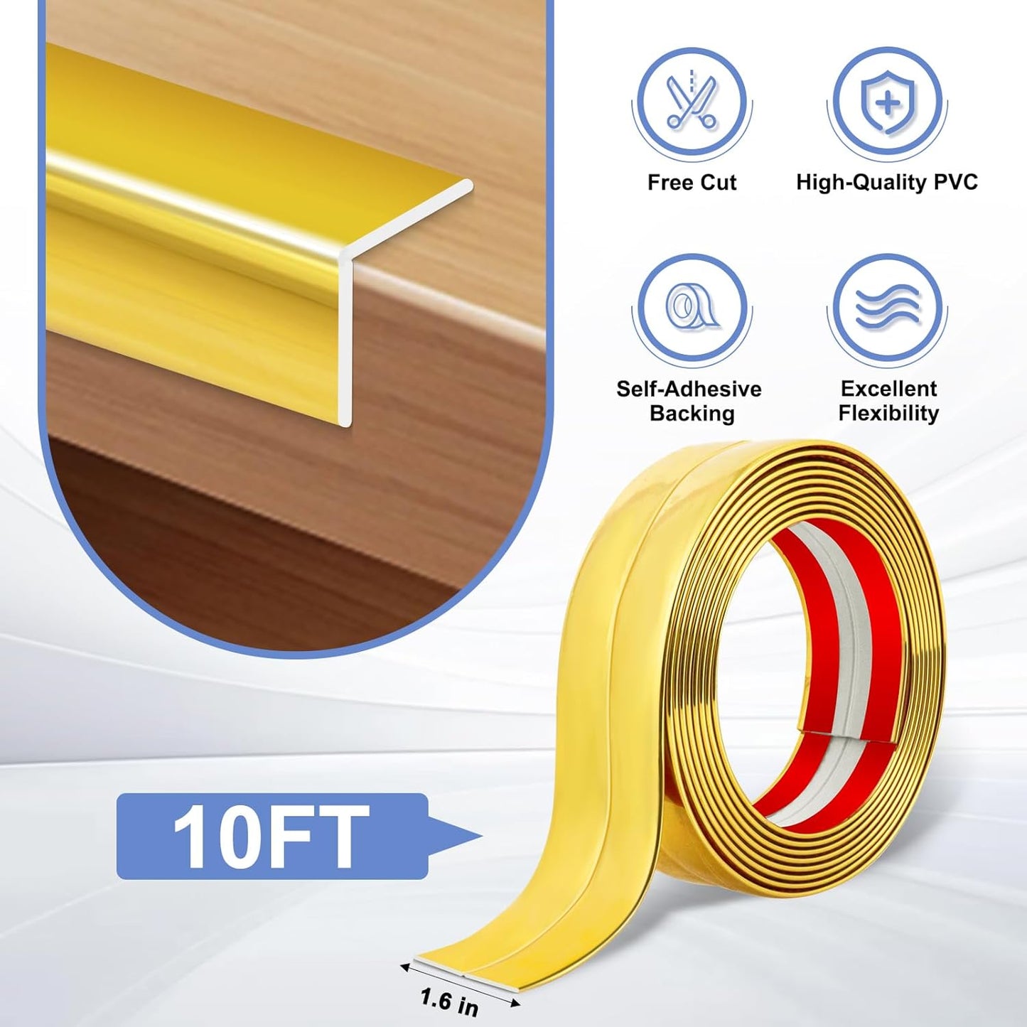 Wall Corner Protector Moulding Trim Peel and Stick Wall Corner Guards Trim Flexible Self Adhesive Edge Protector Moulding, 1.6 in x 10 Ft, Gold