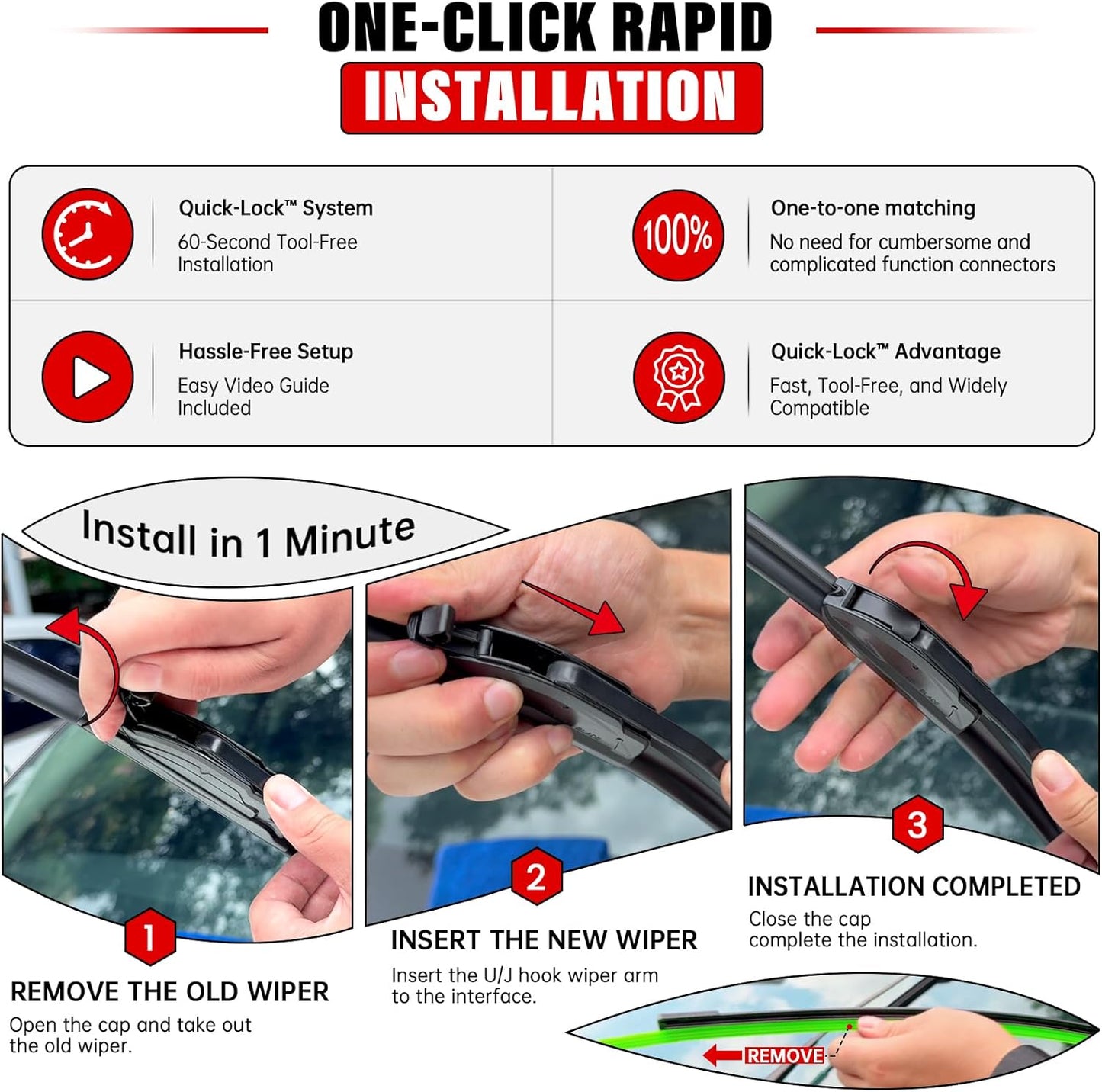 Windshield Wiper Blades Replacement for Kia Rio Hyundai Accent Kona Electric 2012 2013 2014 2015 2016-2020 Original Factory Quality Front Rear Wipers Blade Set for Car - 26" 16" 11" (Set of 3)