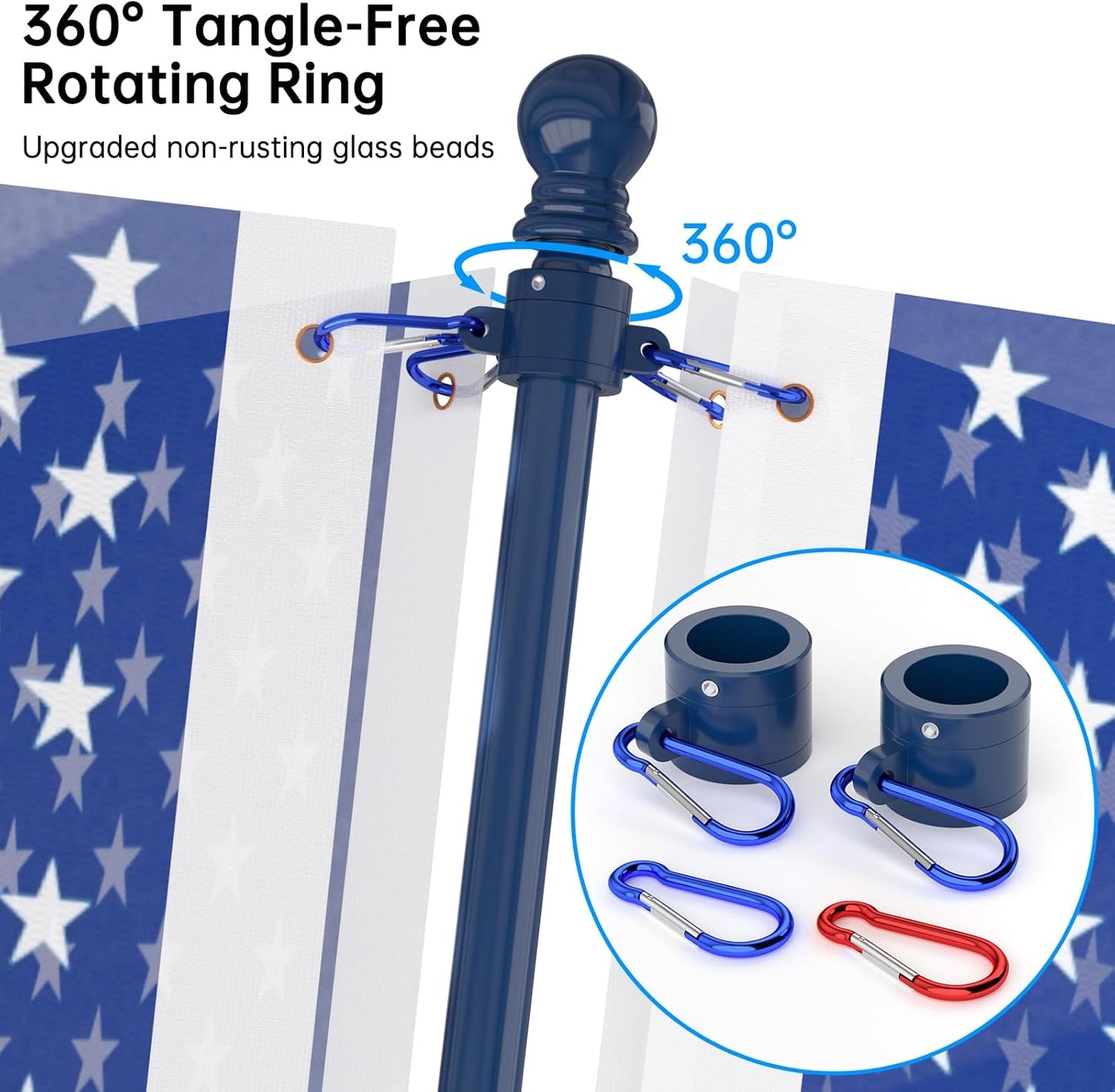 ZMTECH Flag Pole - Upgraded Bracket, 6 FT Stainless Steel Flag Poles for Outside House, Residential or Commerical, Tangle Free Flag Pole Kit for American Flag (without Flag, Blue)