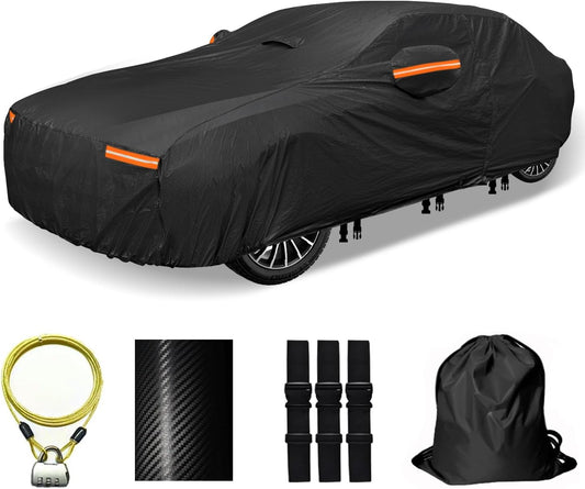 30 Layers Car Cover for Automobiles All Weather Waterproof, Outdoor Snowproof UV Protection Windproof, Door Zipper, Soft Cotton, Heavy Duty Universal Car Covers, (Black, Fit Sedans 201"-210")