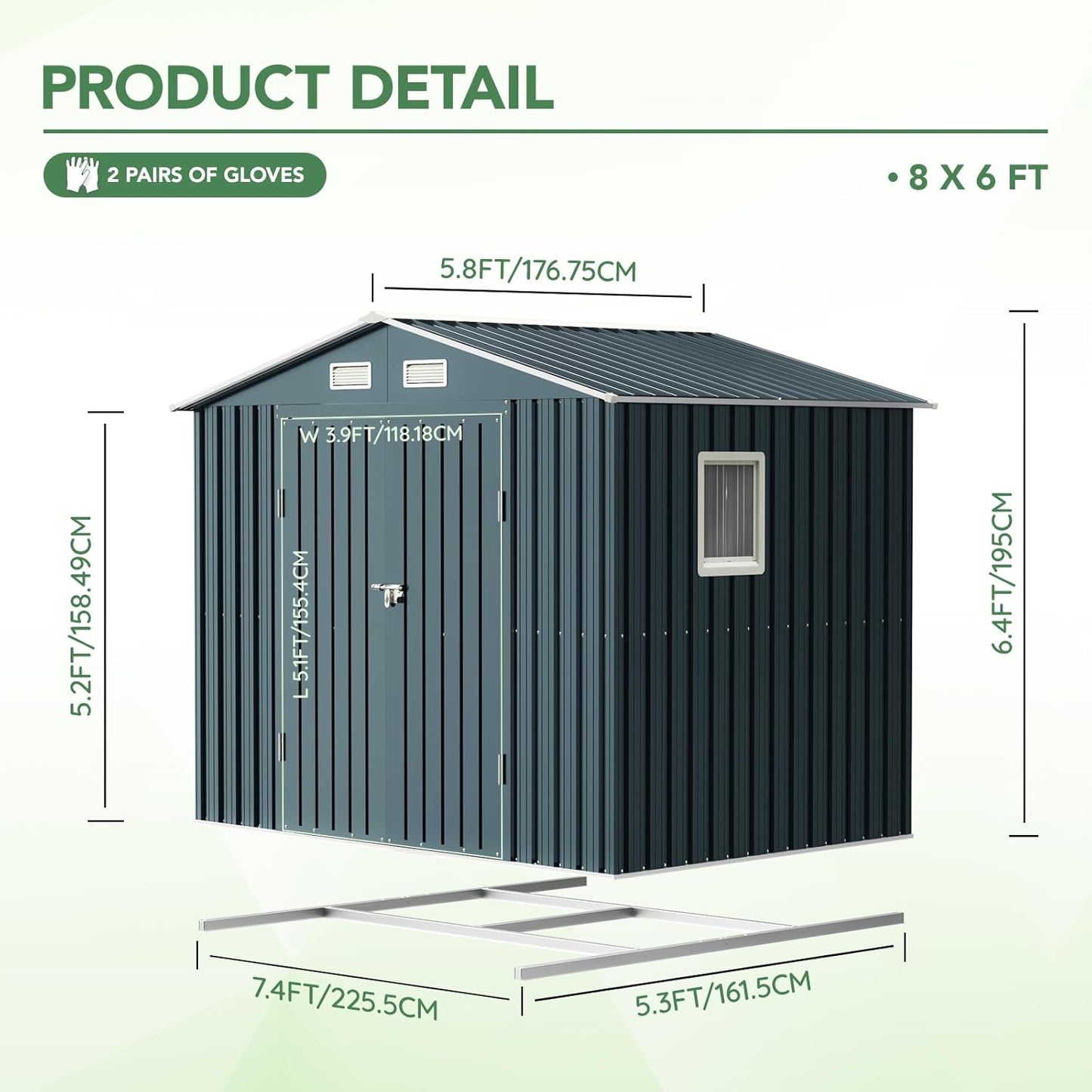 Breezz 6x8FT Outdoor Steel Storage Shed with Frame Floor,Clear Window, Lockable Doors, Weather-Resistant Metal Tool Shed for Garden, Backyard, Patio, and Utility Storage
