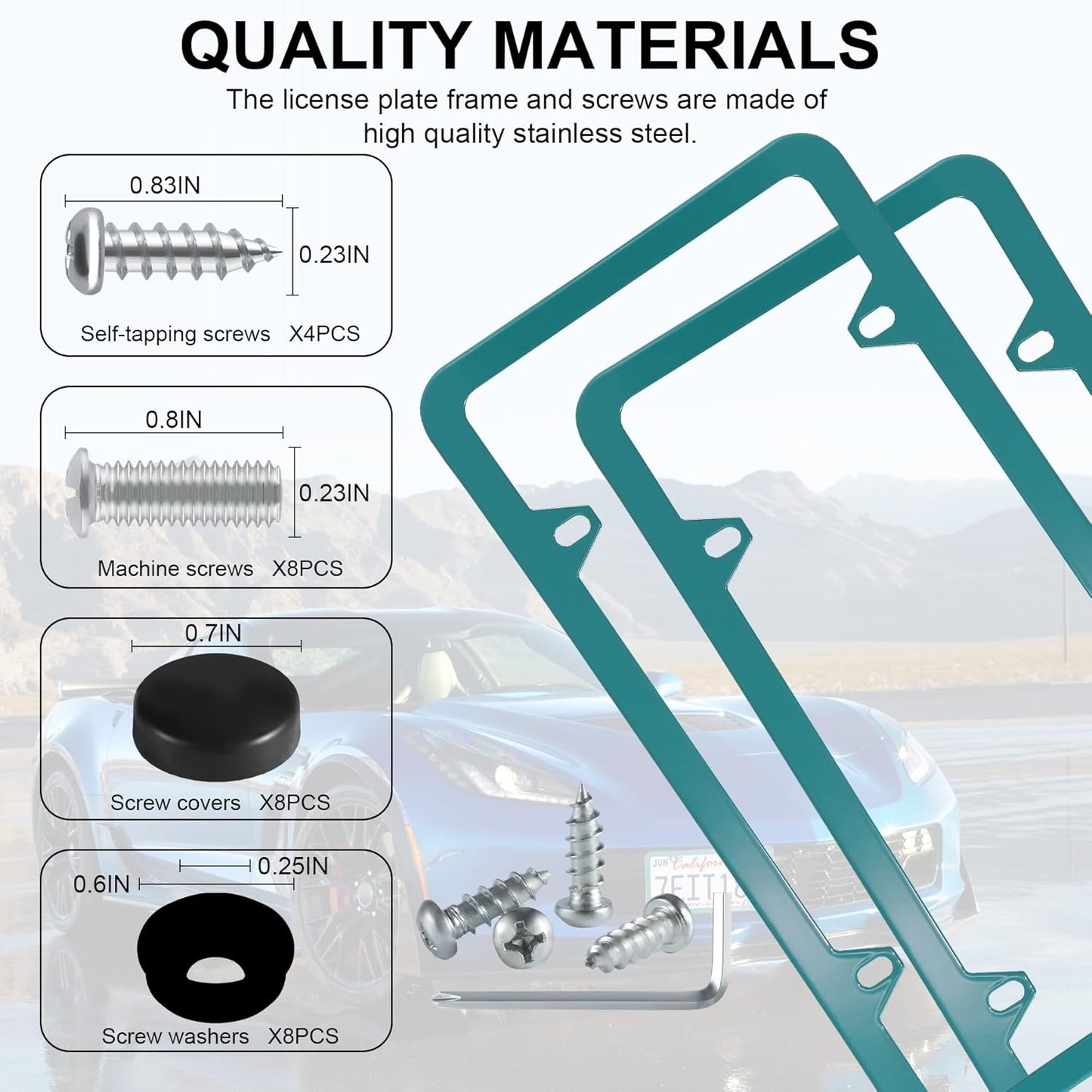 LivTee 4 Holes Stainless Steel License Plate Frames, 2 PCS Car Licence Plate Covers, Automotive Exterior Accessories Slim Design with Bolts Washer Caps for US Vehicles, Green