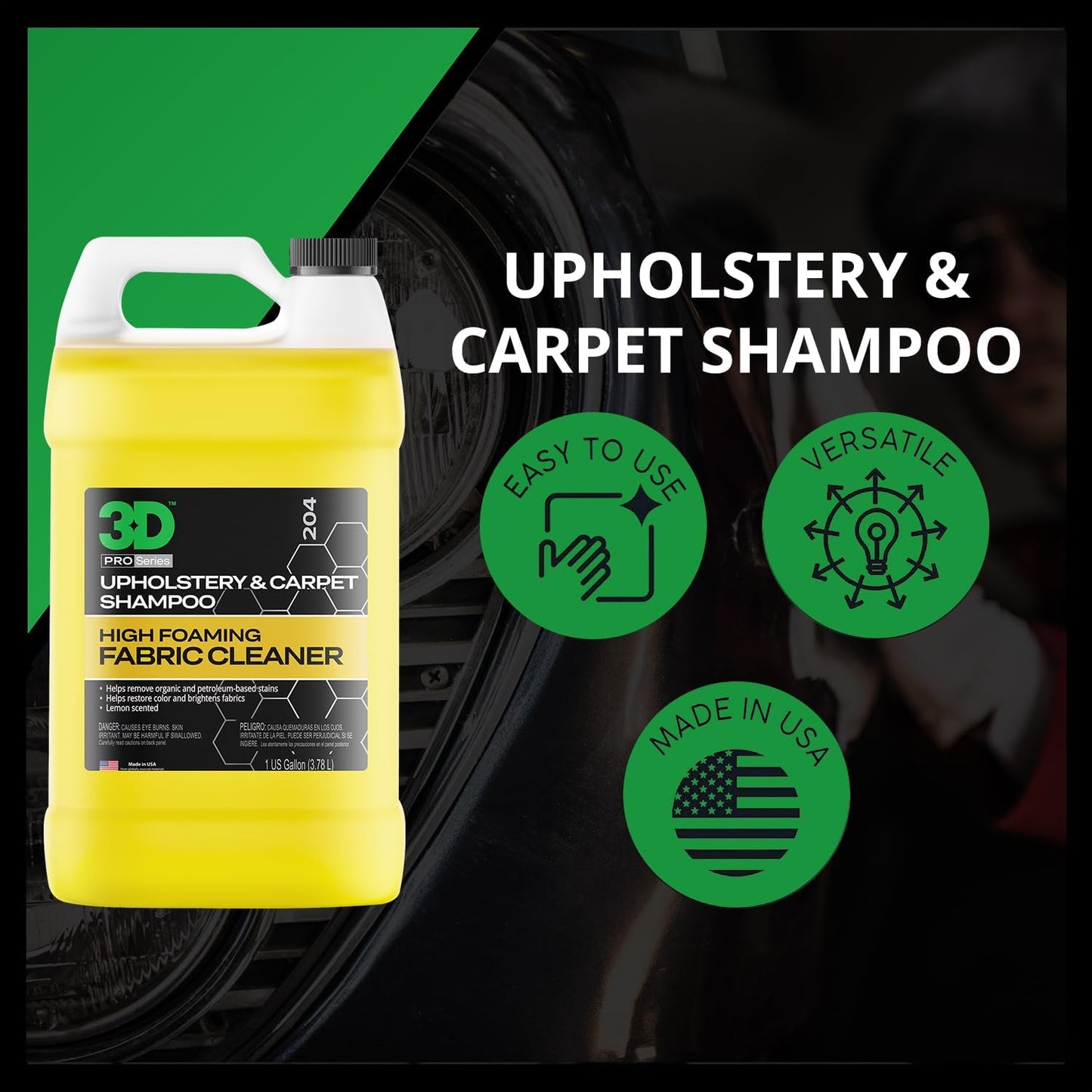 3D Upholstery & Carpet Shampoo - High Foam Stain Remover & Odor Eliminator Shampoo 1 Gallon