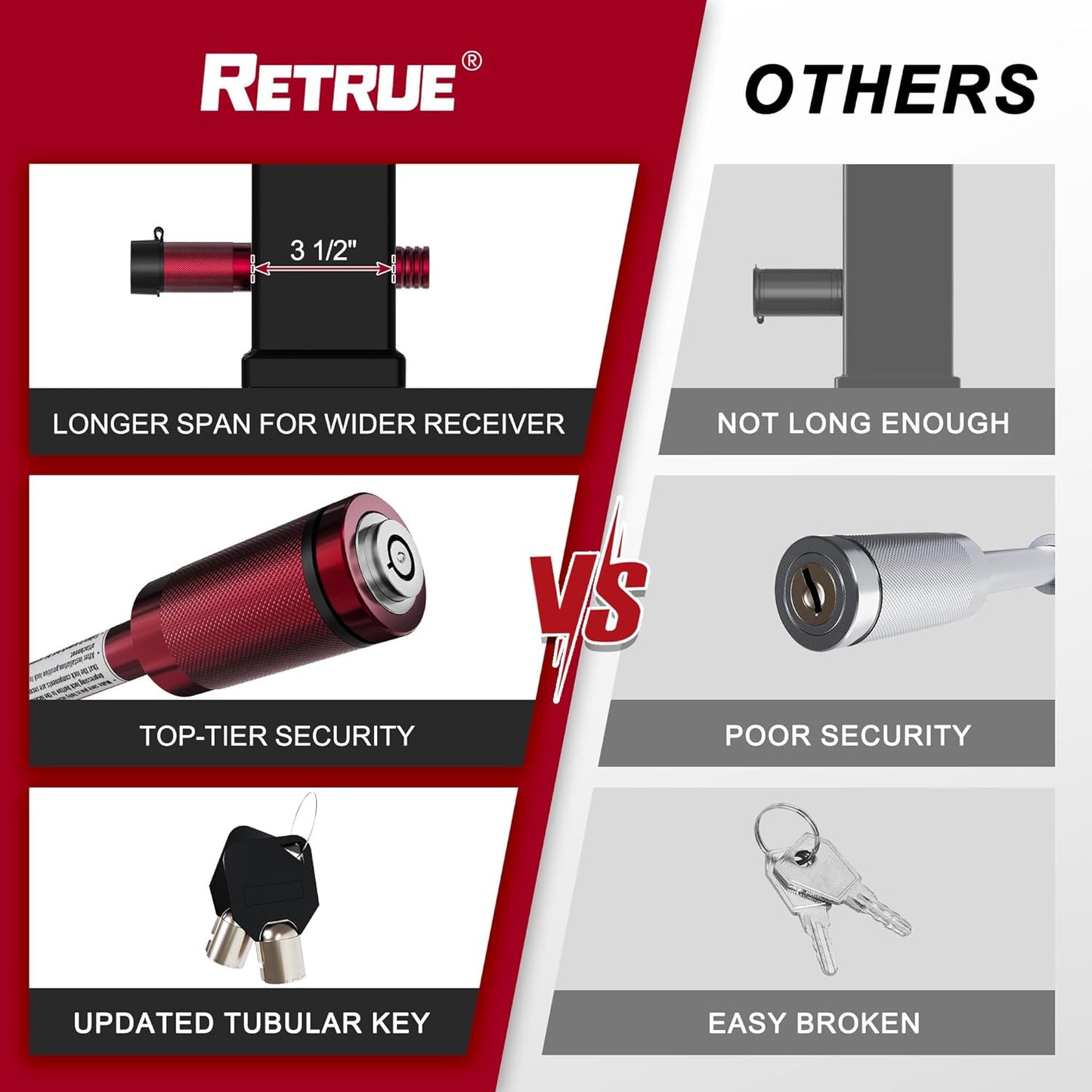 RETRUE Trailer Hitch Locks, 5/8" Locking Hitch Pin for 2 Inch and 2 1/2” Receiver Class III IV Hitch, Tow Hitch Lock with Keys O-Rings, Trailer Accessories for Outdoor,Red