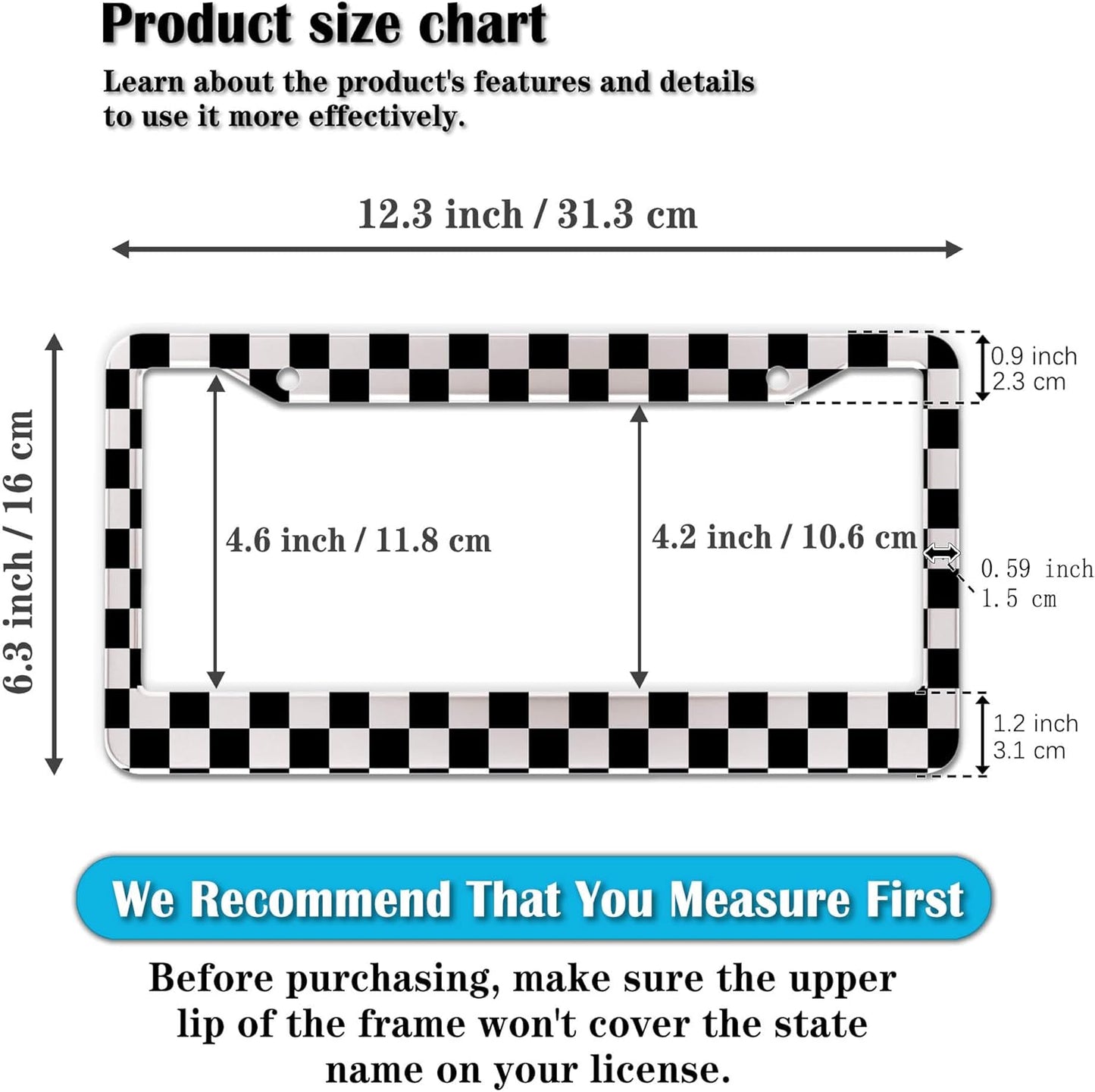 License Plate Frames Black and White License Plate Bracket Black and White Checkerboard Universal Aluminum Car Accessory 2 Pack with Screw Covers Set