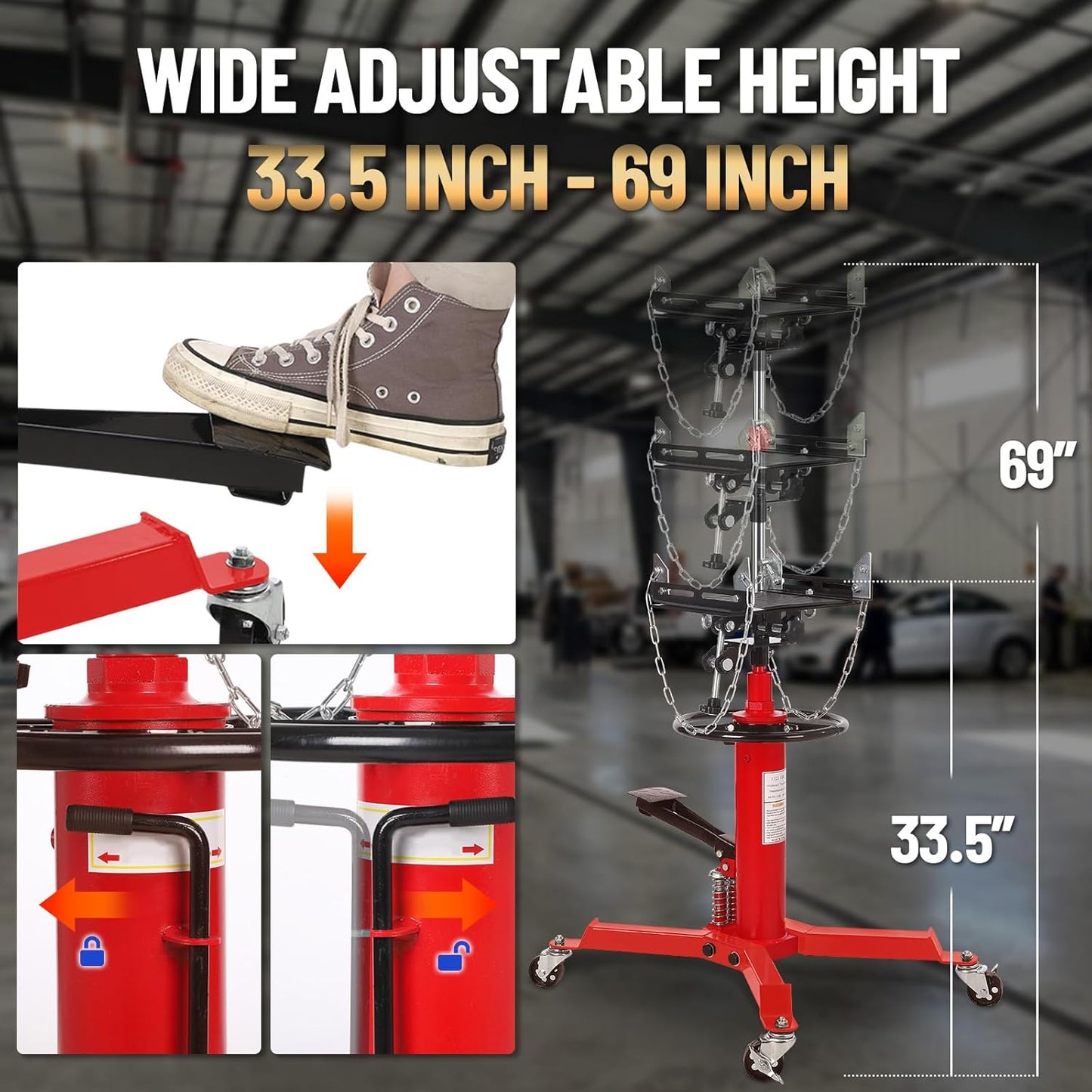 Dual Plunger Hydraulic Transmission Jack 1322lbs Capacity, 33.5"-69" High Lift 2-Stage Hydraulic Telescoping Jack, Trans Jack Stand with 8MM Non-Slip Pad, Foot Pedal & Swivel Wheel, Red