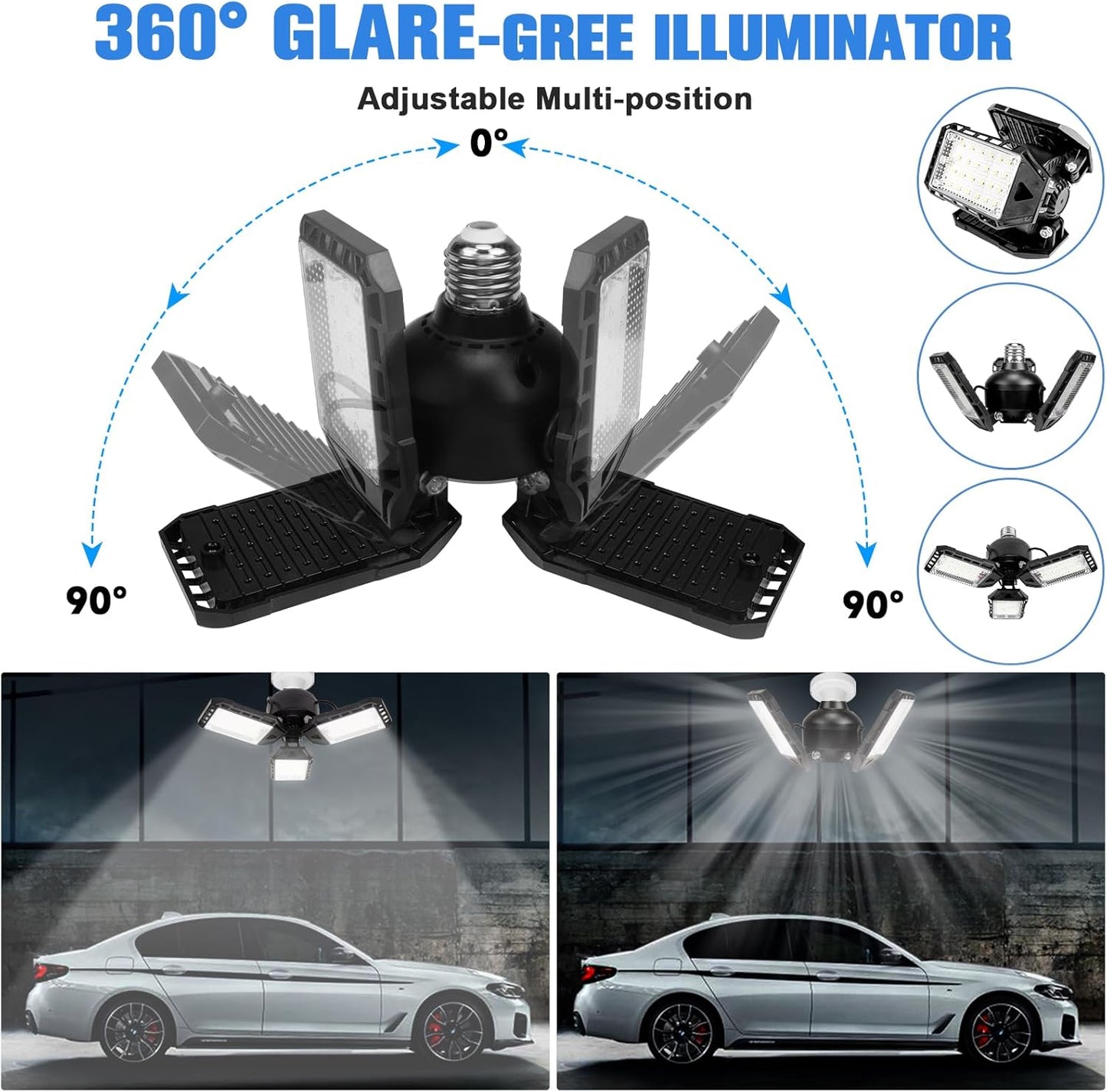 LED Garage Lights 2 Pack -80W, 8000LM 6500K Led Shop Light with 3 Deformable Panels, Basement Barn Light Garage Ceiling Lights, E26 for Garage, Warehouse, Shop, Basement