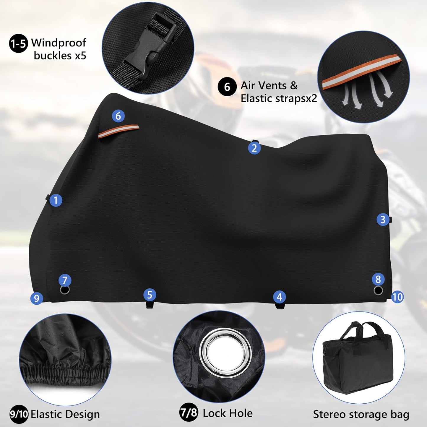 STARTWO Motorcycle Covers Waterproof Outdoor Storage Heavy Duty All Season Universal Vehicle Cover for Harley Davidson Sport, Cruisers, Softail, Adventure Series and Most Motorcycles 96"x43"x55" Black