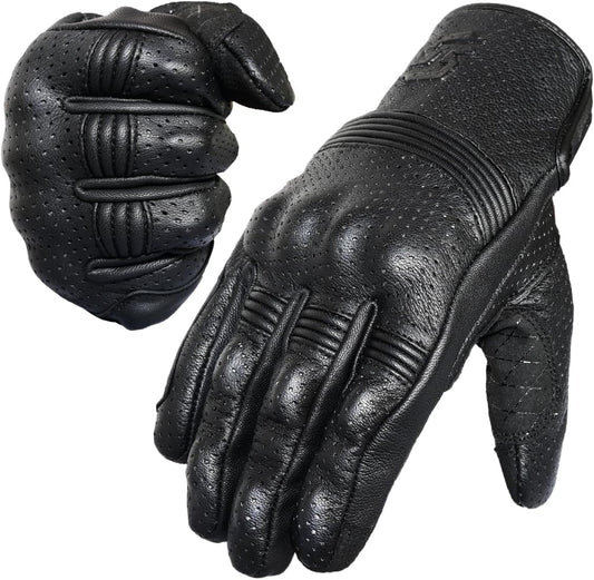 Leather Motorcycle Gloves for Men and Women | Touchscreen | Full Finger | Goatskin Leather Hard Knuckle Motorcycle Riding Gloves (Perforated, X-Large)