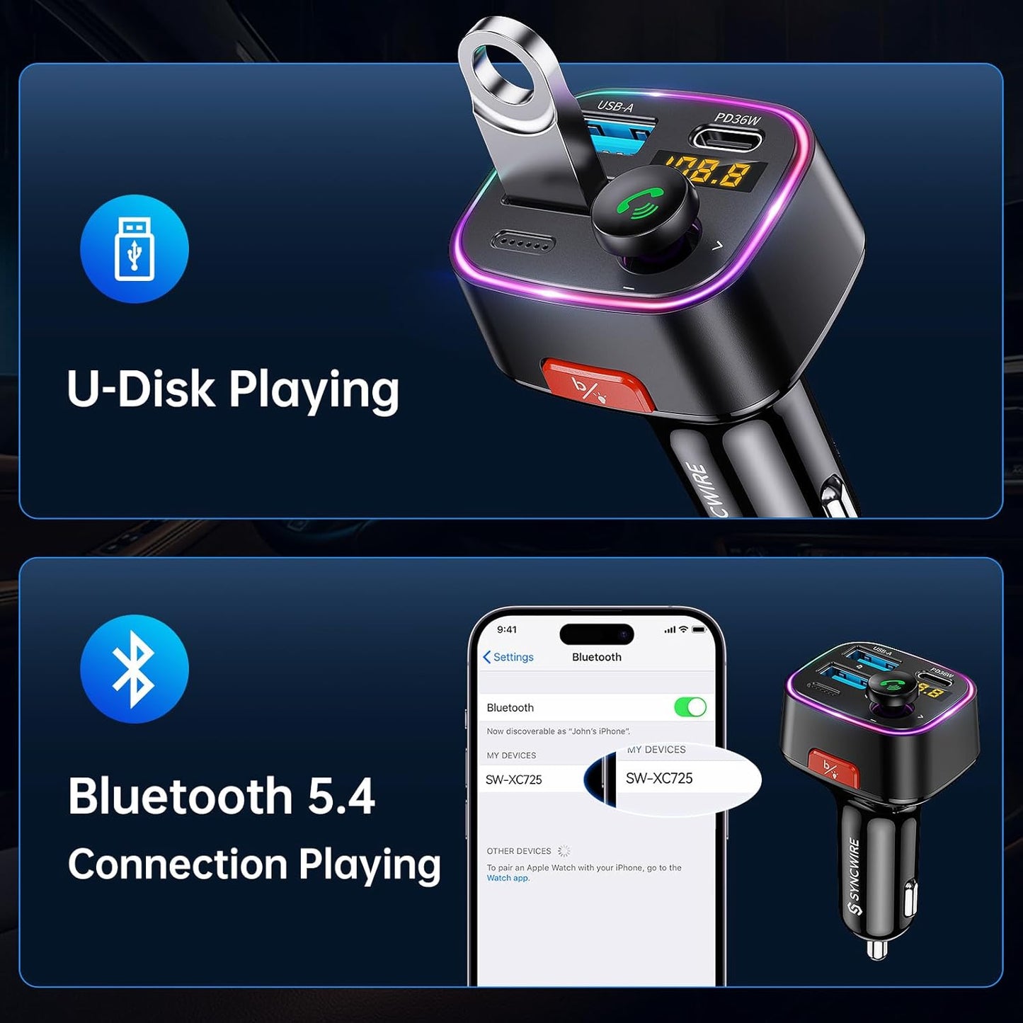 Syncwire Bluetooth 5.4 FM Transmitter Car Adapter 48W (PD 36W & 12W) [Light Switch] [HiFi Bass Sound] [Fast Charging] Wireless Radio Music Adapter LED Display Hands-Free Calling Support USB Drive
