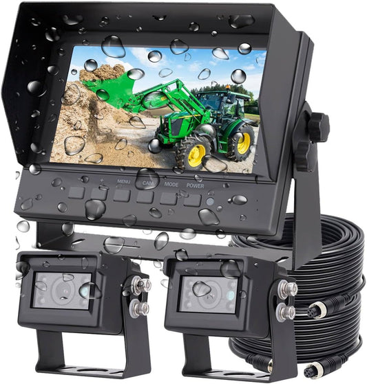 7" 1080P AHD Wired Reverse Rear View Backup Two-Camera System,Guide line, IP69K Waterproof Monitor& Camera, Night Vision, Vibration-proof 10G for Tractor/Truck/Excavator/Van/Skid Steer/Heavy Equipment