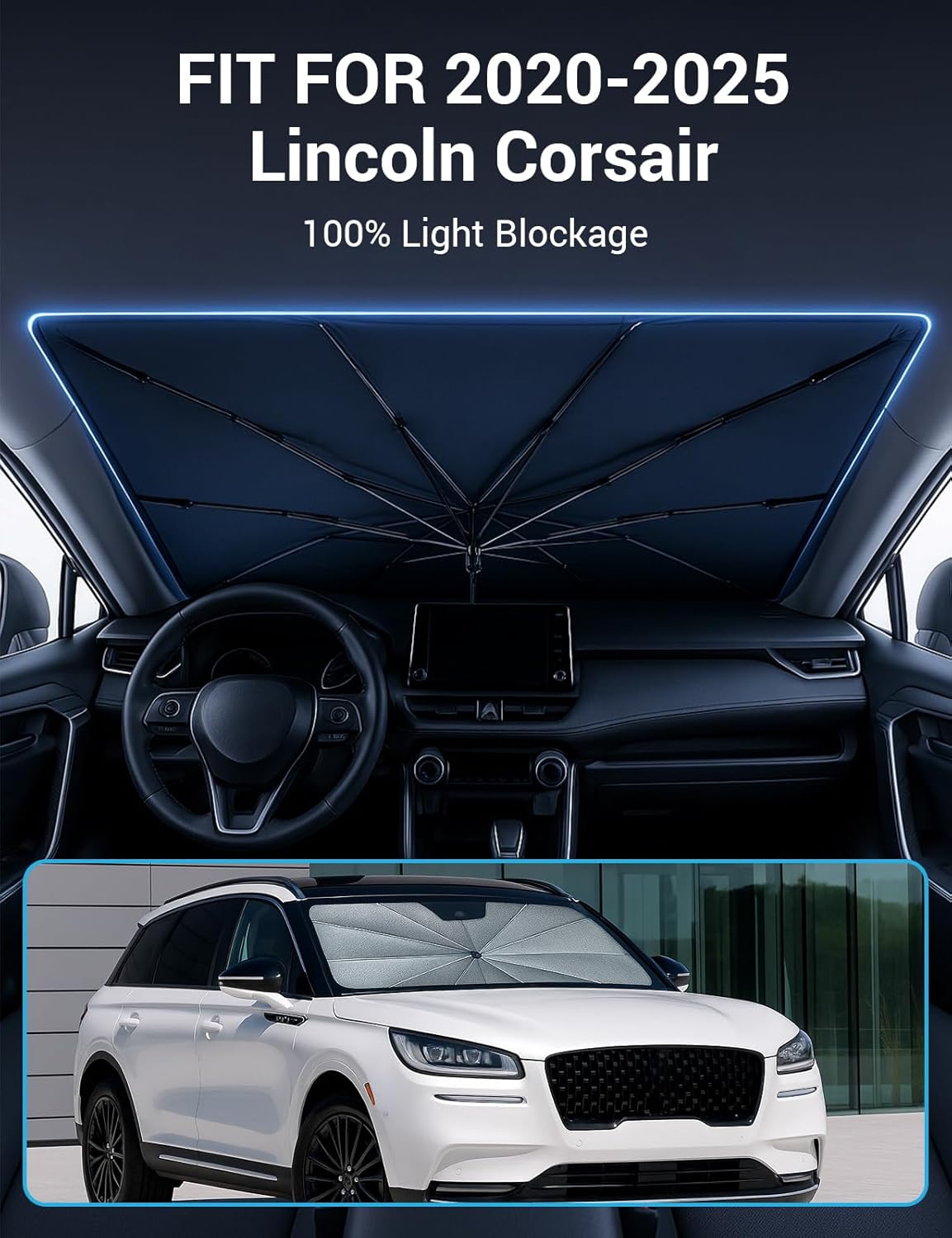 Proadsy Windshield Sun Shade Umbrella for Lincoln Corsair 2020-2025 2026 Foldable Car Umbrella Sunshade with Soft TPU Handle Spring Structure Crystal Cooling Material Protect Car from Rays & Heat
