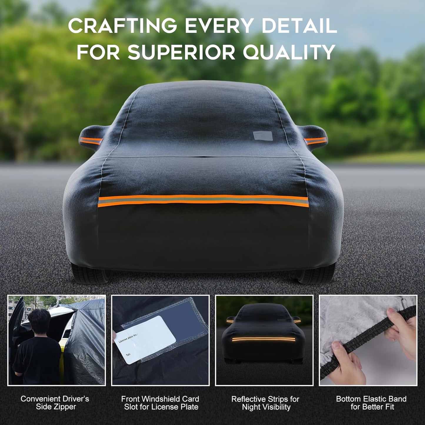 Sedan Car Cover Waterproof All Weather for Automobiles，Outdoor Heavy Duty Full Exterior Covers with Zipper Door, Rain Sun Snow Dust UV Protection, Windproof Straps & Reflective Strips(Up to 213")