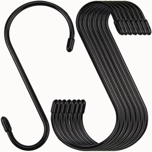 24 Pack 6 Inch S Hook, Large Vinyl Coated S Hooks with Rubber Stopper Non Slip Heavy Duty S Hook, Steel Metal Black Rubber Coated Closet S Hooks for Hanging Jeans Plants Jewelry Pot Pan Cups Towels