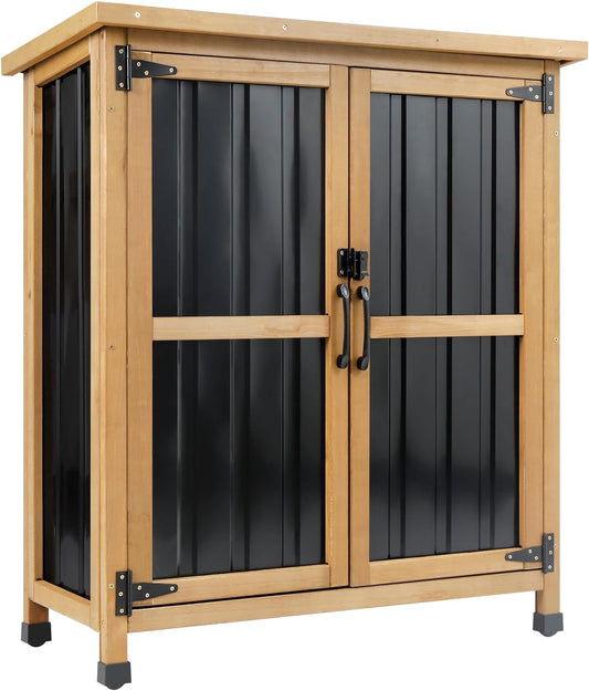 Wood & Metal Outdoor Storage Cabinet with Waterproof Roof, Garden Tool Shed with 4 T-Hinge, 4 Adjustable feet and Magnetic Door, 2 Removable Shelves, Easy Installation, 13.5" D x 34.5" W x 39" H