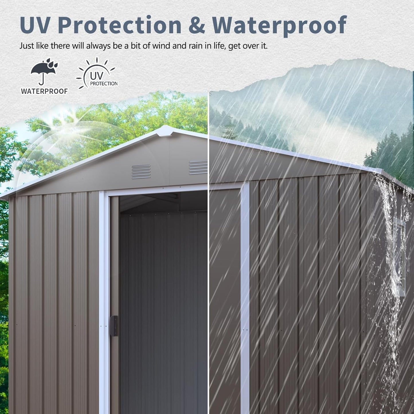 4x8 FT Outdoor Storage Shed, Metal Garden Shed with Frame Floor, Outside Tool Shed with Window, Waterproof Storage Building with Lockable Sliding Doors & Sloped Roof for Backyard, Patio, Warm Gray