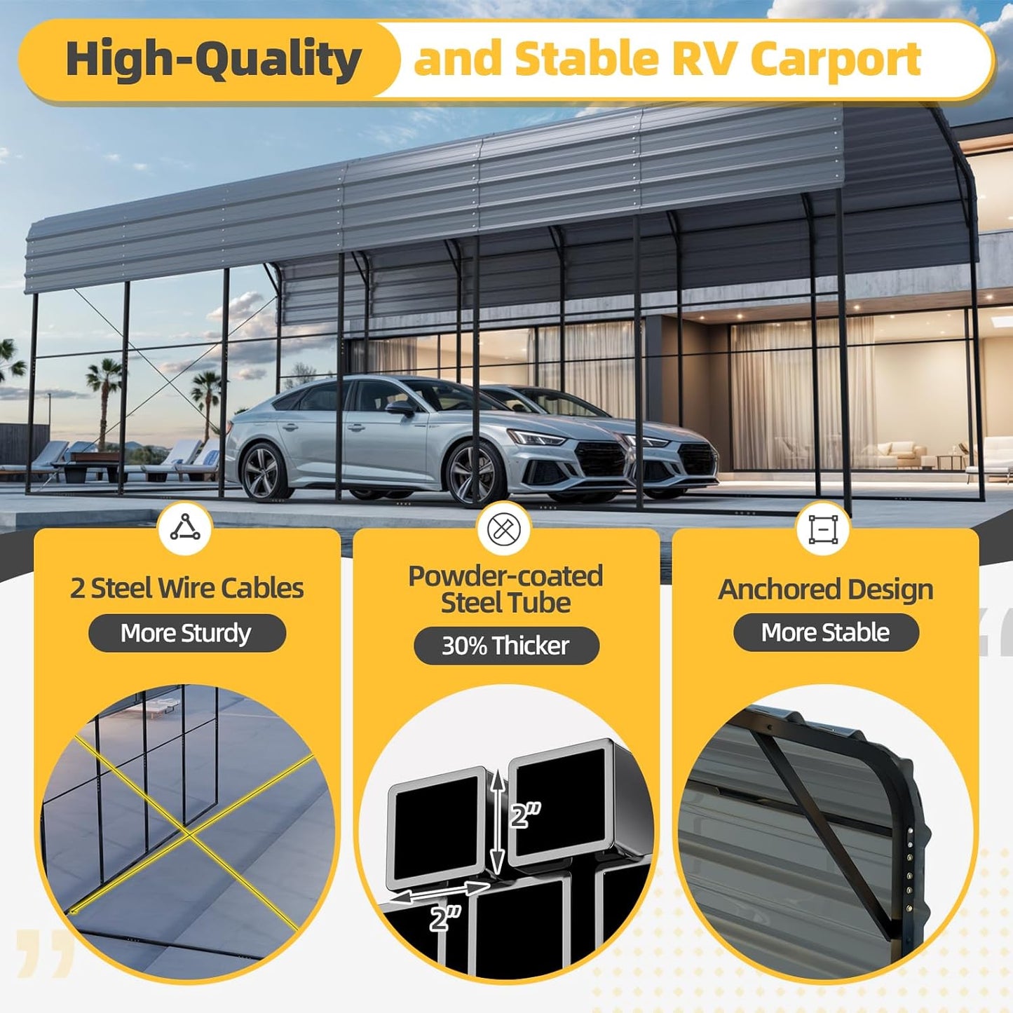 EROMMY 14x30 FT RV Carport, Heavy Duty Car-Port with Reinforced Metal Frame, Weather-Resistant Galvanized Steel Roof Shelters, Outdoor Car-Shed for RV, 2 Vehicles, Truck, Boat and SUV, Gray