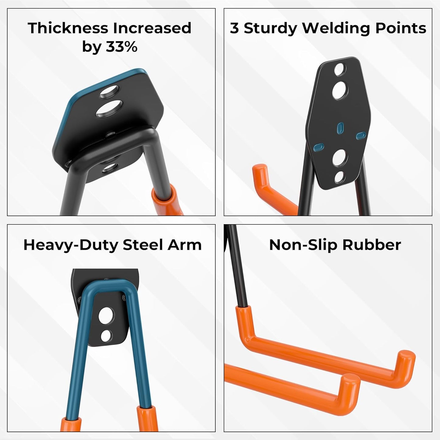 BONTEC Heavy Duty Garage Hooks, Anti-Slip Coated Black Steel with Strong Load Capacity, Multi-Sized U and J Hooks, Easy Wall Mount for Garage, Garden, Workshop (Orange, 16 Pack)