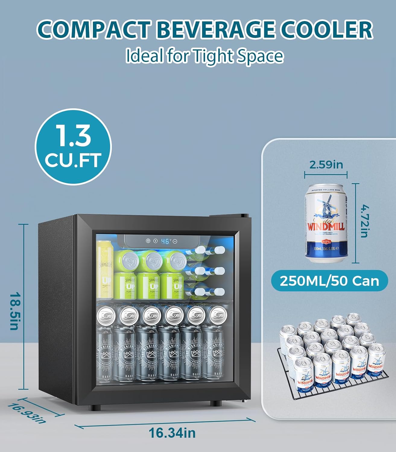 50 Cans Beverage Refrigerator Cooler, 1.3 Cu.ft Mini Fridge Countertop Drink Cooler with Glass Door for Beer, Soda,Wine, Adjustable Digital Temperature Control for Home Dorm Bar, Black