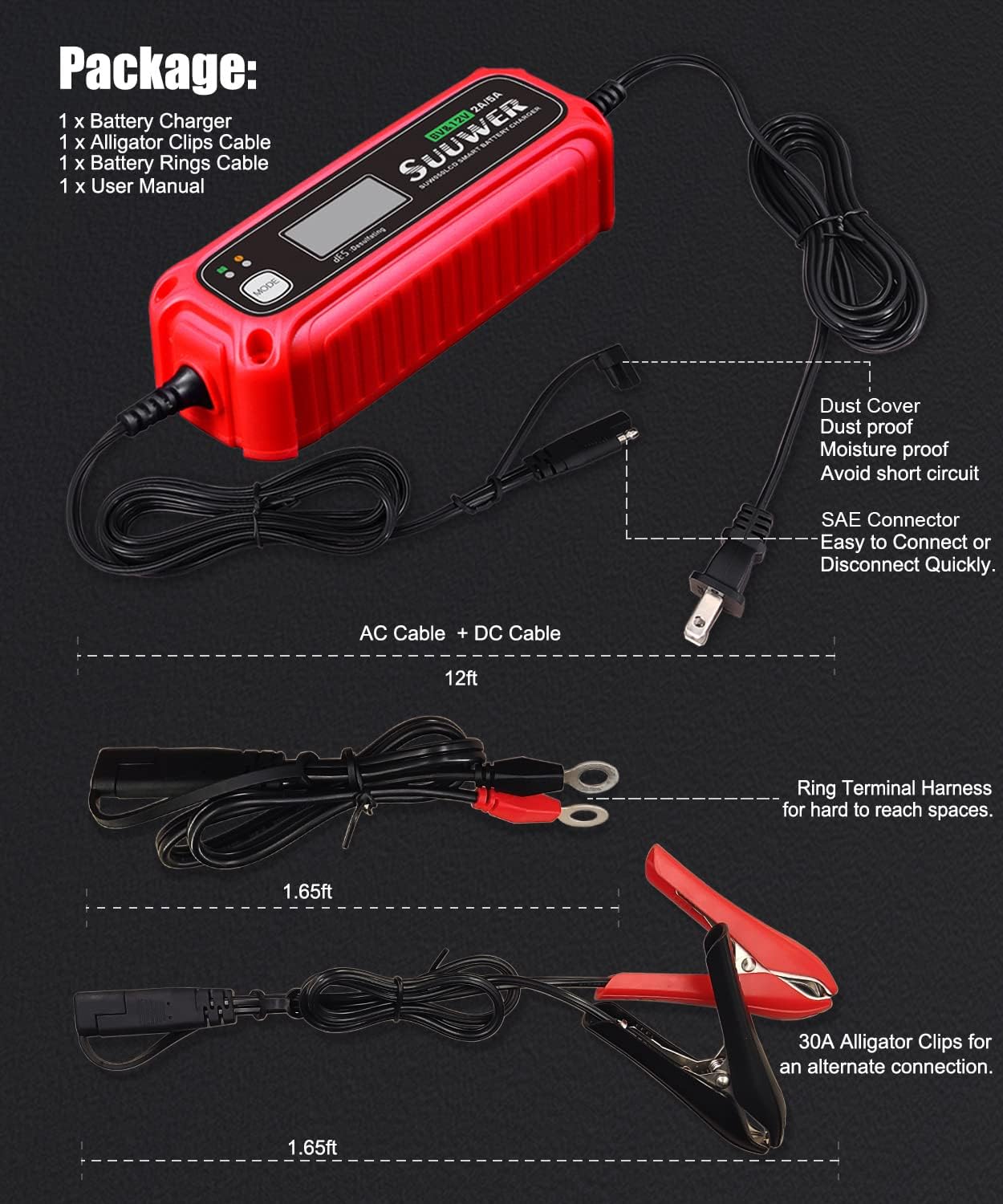 5-Amp High-Efficiency 6V&12V Smart Car Battery Charger, Battery Maintainer, Trickle Charger, Float Charger and Desulfator for Car, Motorcycle, ATV, Lithium (LiFePO4) and Deep Cycle Batteries