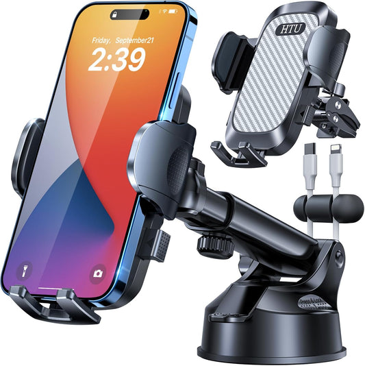HTU 2025 Best Car Phone Holder 【Ultimate 5-in-1 & Upgraded 100+LBS Strongest Suction】【True Military-Grade & Safety Cert】 360° Windshield Dashboard Vent Mount Stand for iPhone Android & Truck, Grey