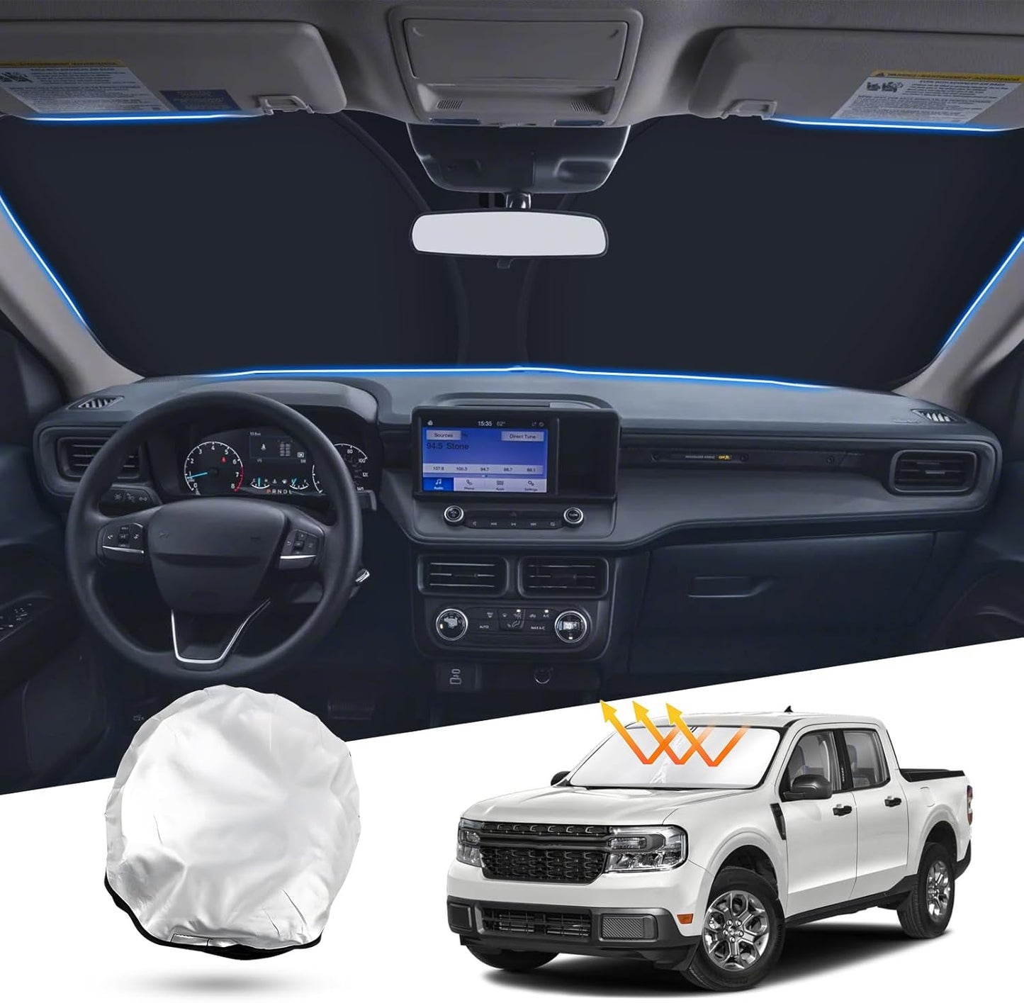 T TGBROS Windshield Sun Shade for Ford Maverick 2022-2025 Front Window Sun Shade Foldable Sun Shield Sun Visor Cover Block Heat and Sun Protection Reflective Polyester