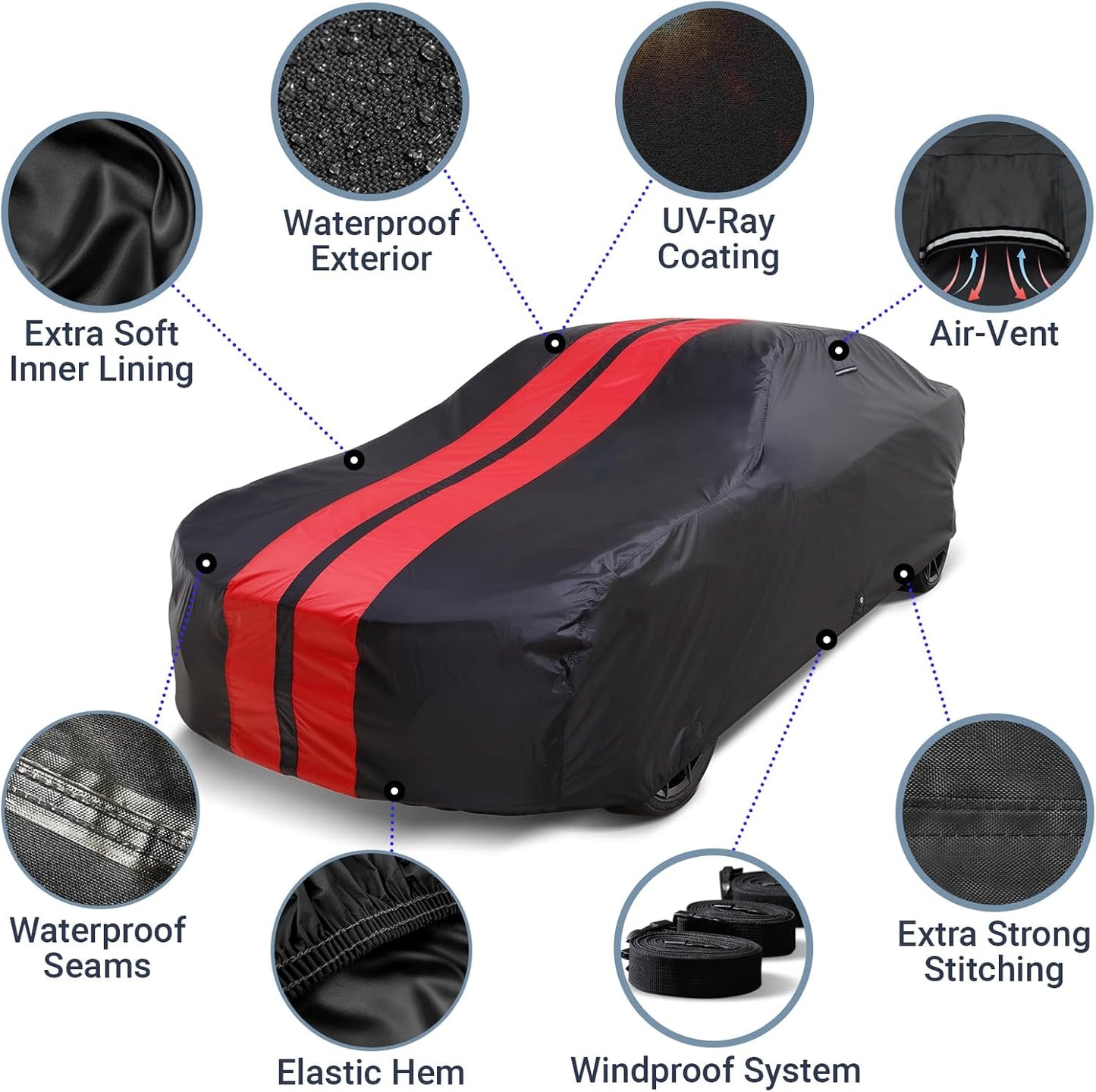 iCarCover Custom Car Cover for Pontiac Safari Wagon (1977-1989) Waterproof All-Weather Rain Snow UV Sun Protector Full Exterior Indoor Outdoor Car Cover (Stripe - Black/Red)