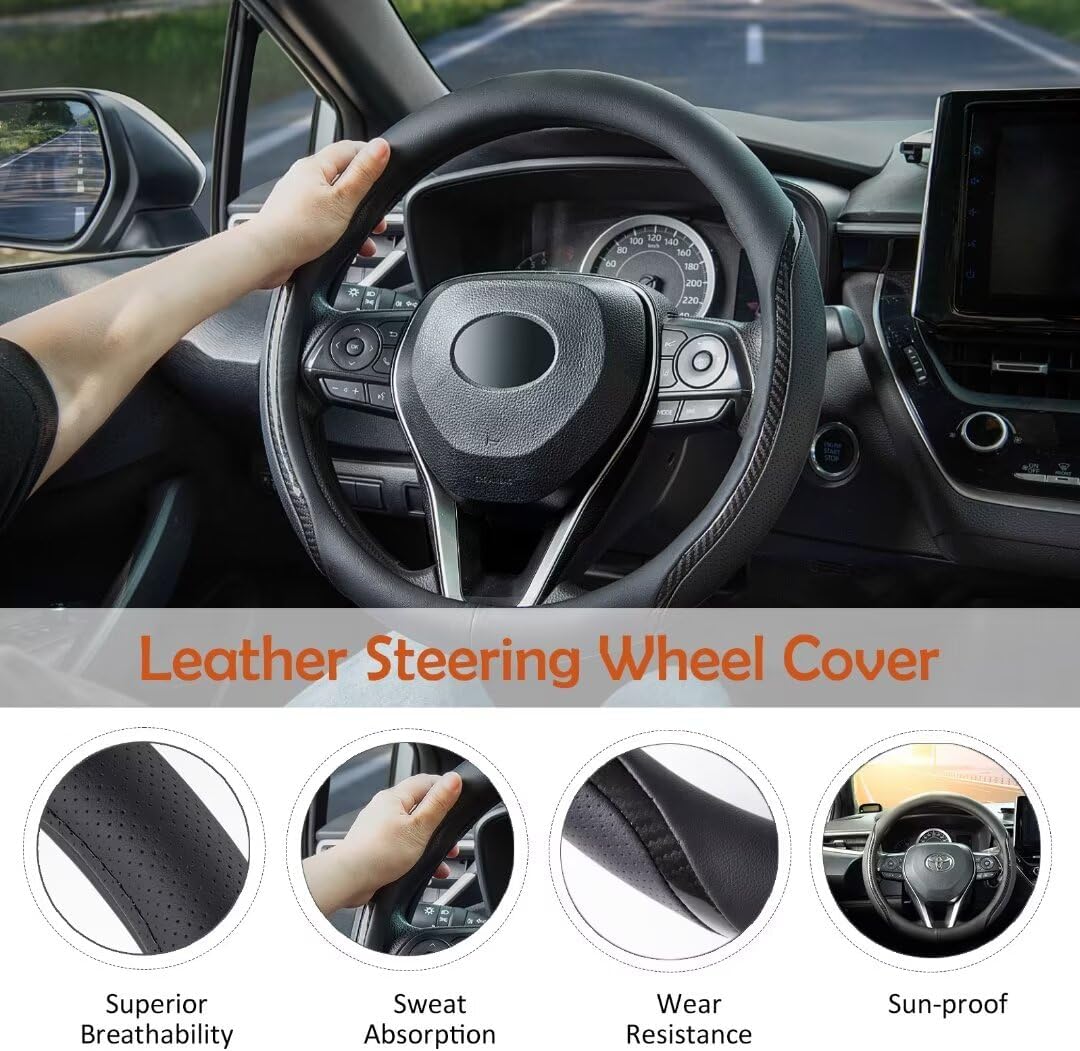 Steering Wheel Cover Black, Carbon Fiber Car Steering Wheel Covers with Coasters Universal 14.5-15 inch Leather Microfiber Breathable Anti-Slip Steering Wheel Accessories Set