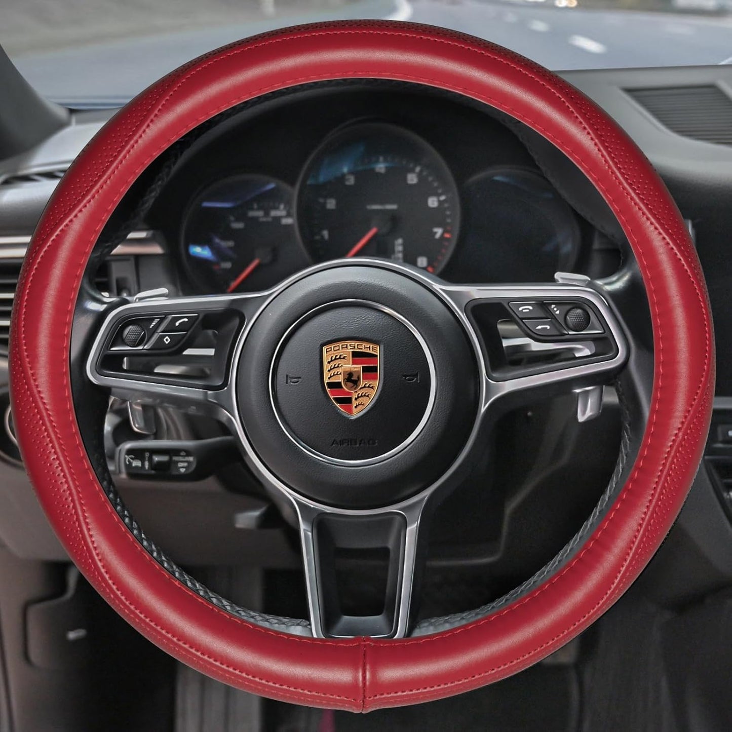 HAOKAY Top Grade Red Genuine Leather Steering Wheel Cover Women, Luxury Steering Wheel Cover for Cars, SUVS and Trucks，Universal 14.5-15 inch