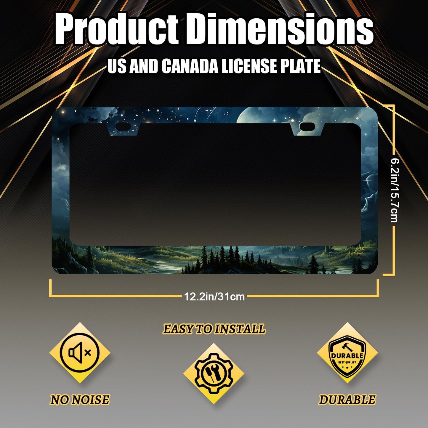 Watercolor Sky Clouds License Plate Frame Beautiful Stars Forest License Plate Holder Stainless Steel Colorful Car Accessory Funny License Plate Decoration Size 12.2"x6.2" with Screws