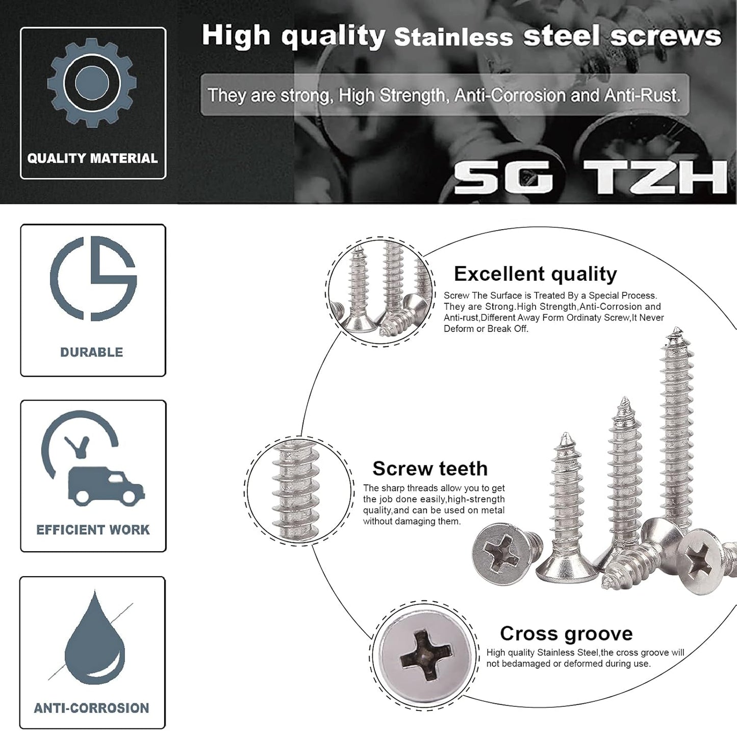 #10 x 5/8" Wood Screw 100Pcs 18-8 (304) Stainless Steel Screws Flat Head Phillips Fast Self Tapping Drywall Screws by SG TZH