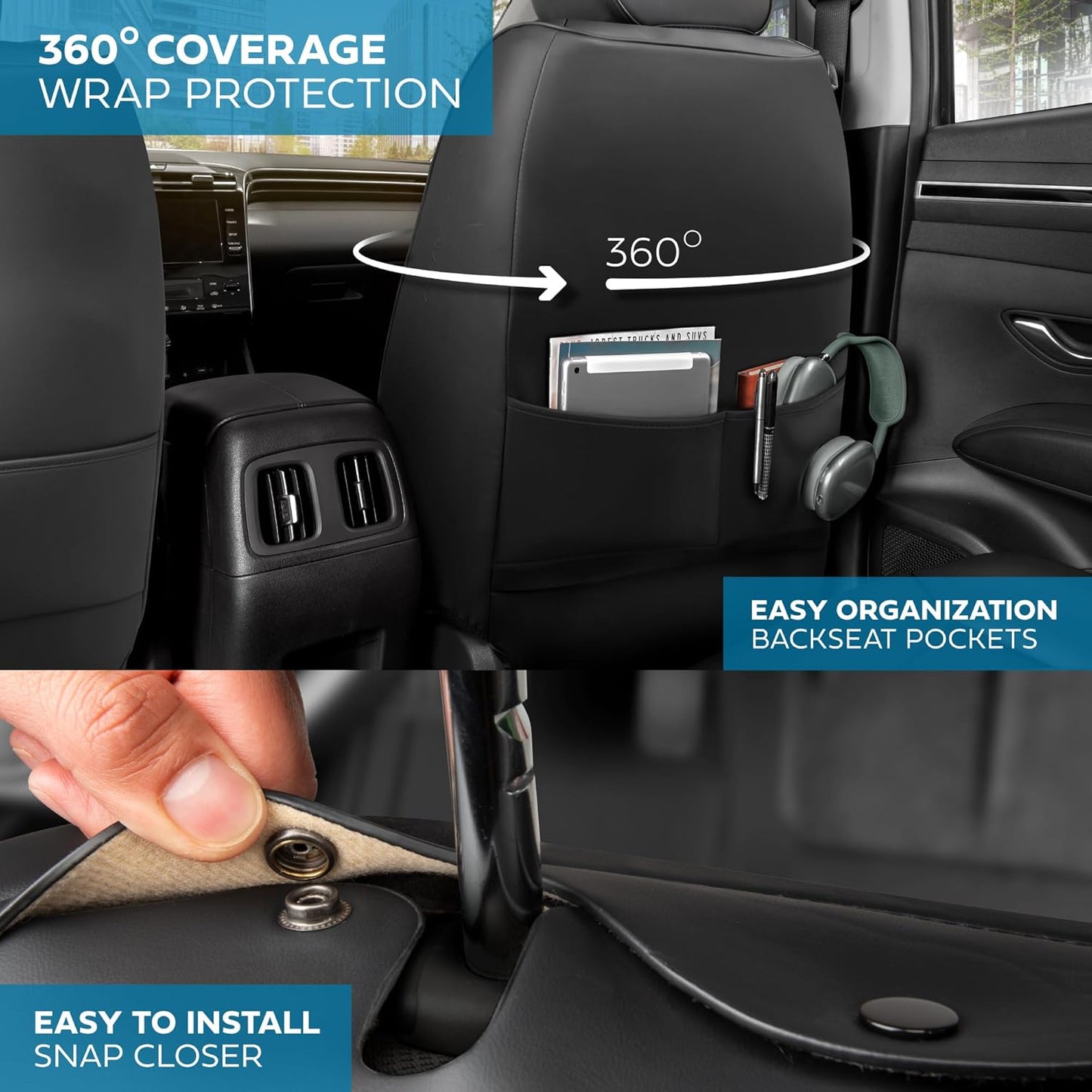 Elite Edition Faux Leather Seat Covers for Cars, Trucks, & SUV - 2 Black Car Seat Covers for Front Seats - Universal Fit Car Accessories Automotive Interior Cover Protector for Most Vehicles