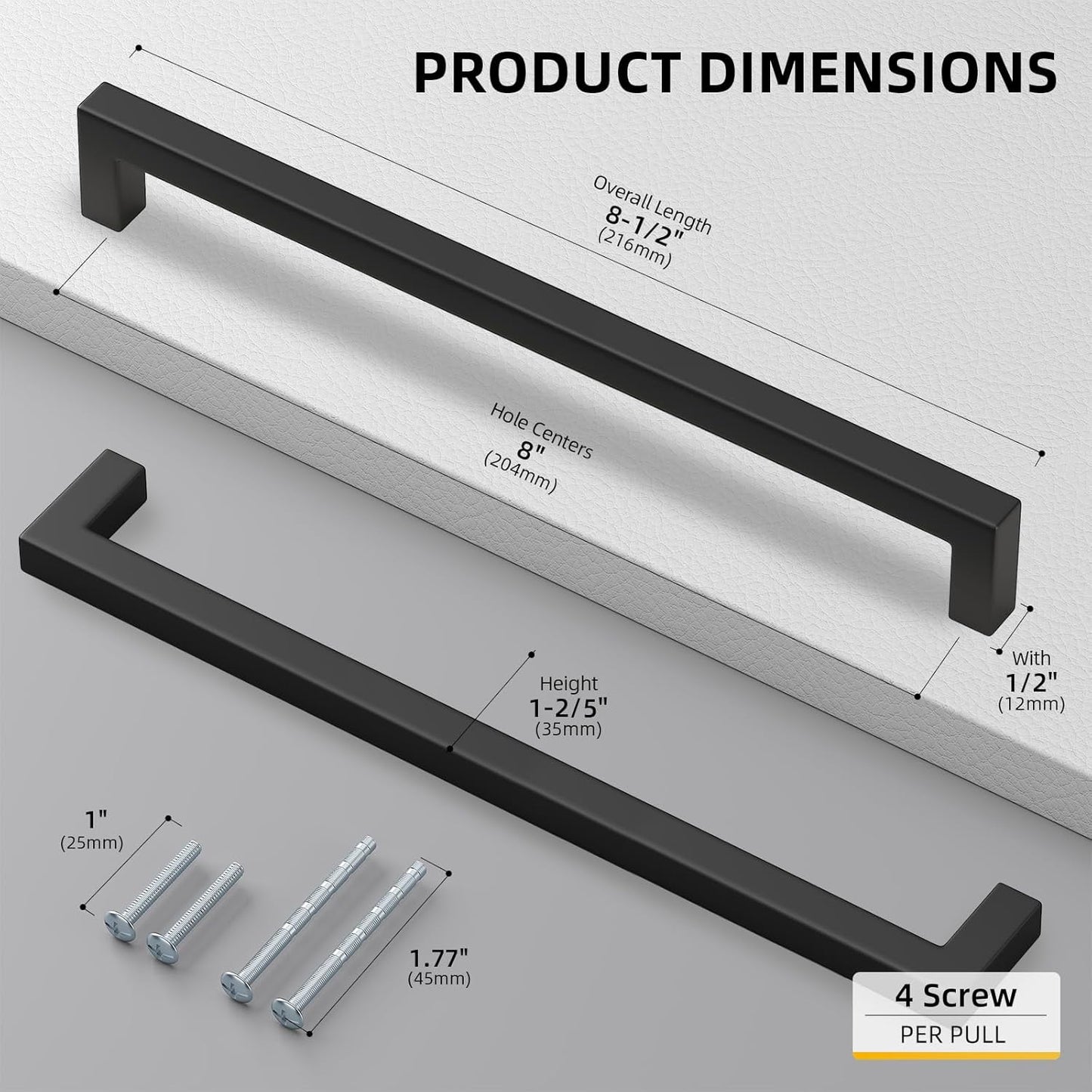 goldenwarm 10Pack 8INCH Matte Black Cabinet Pulls Kitchen Hardware, 204mm Square Bar Pulls for Cabinets Hardware, Black Drawer Pulls 8-1/2in Overall Length