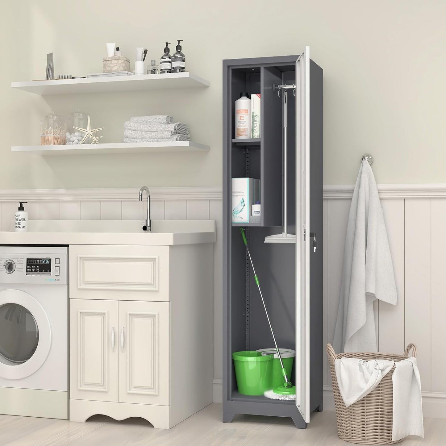 GREATMEET Slim Lockable Garage Storage Cabinet, Narrow Broom Storage Closet, 65" Metal Cleaning Tool Cabinet with Lock and Door,Utility Cabinets for Brooms and Mops for Laundry Room, White&Grey