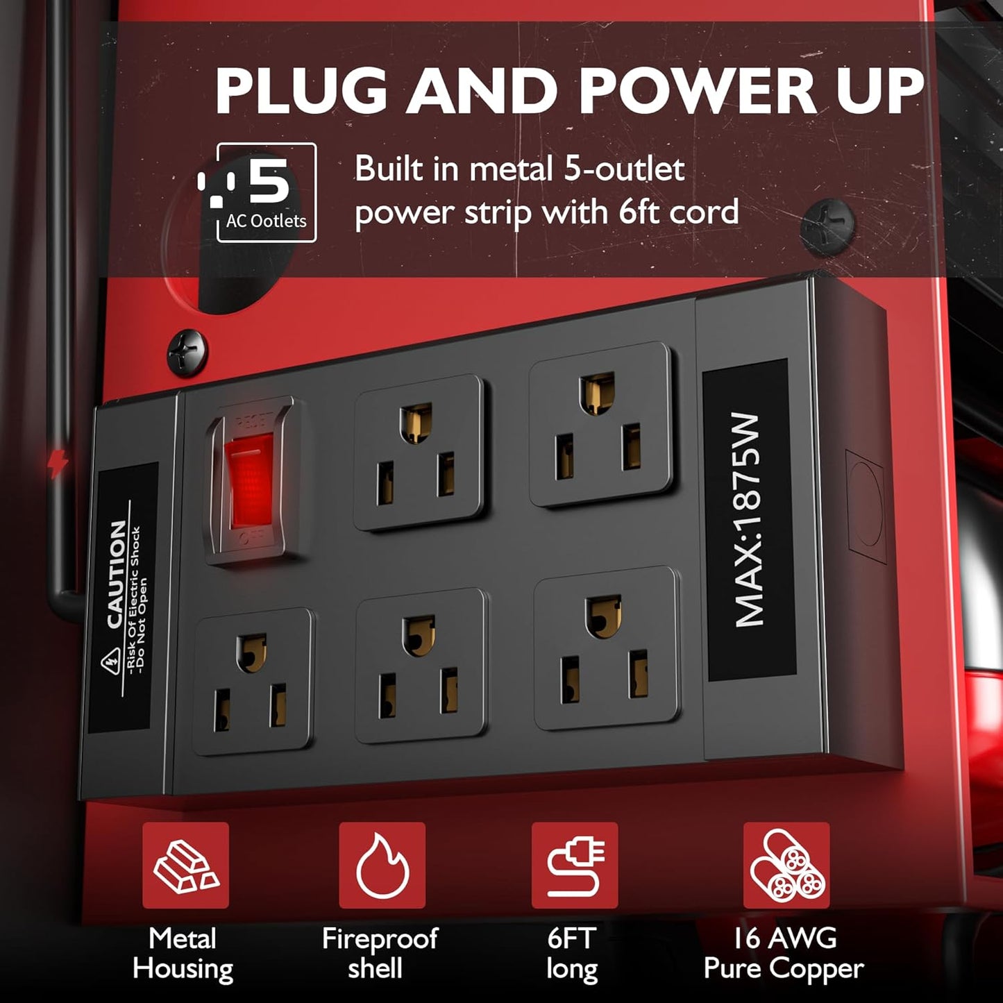 Power Tool Organizer Wall Mount with Charging Station, Cordless Drill and Battery Holder Shelf for Garage Organization,Heavy Duty Metal Tool Rack Storage, Load 300lbs, Built in 5 Outlet Power Strip