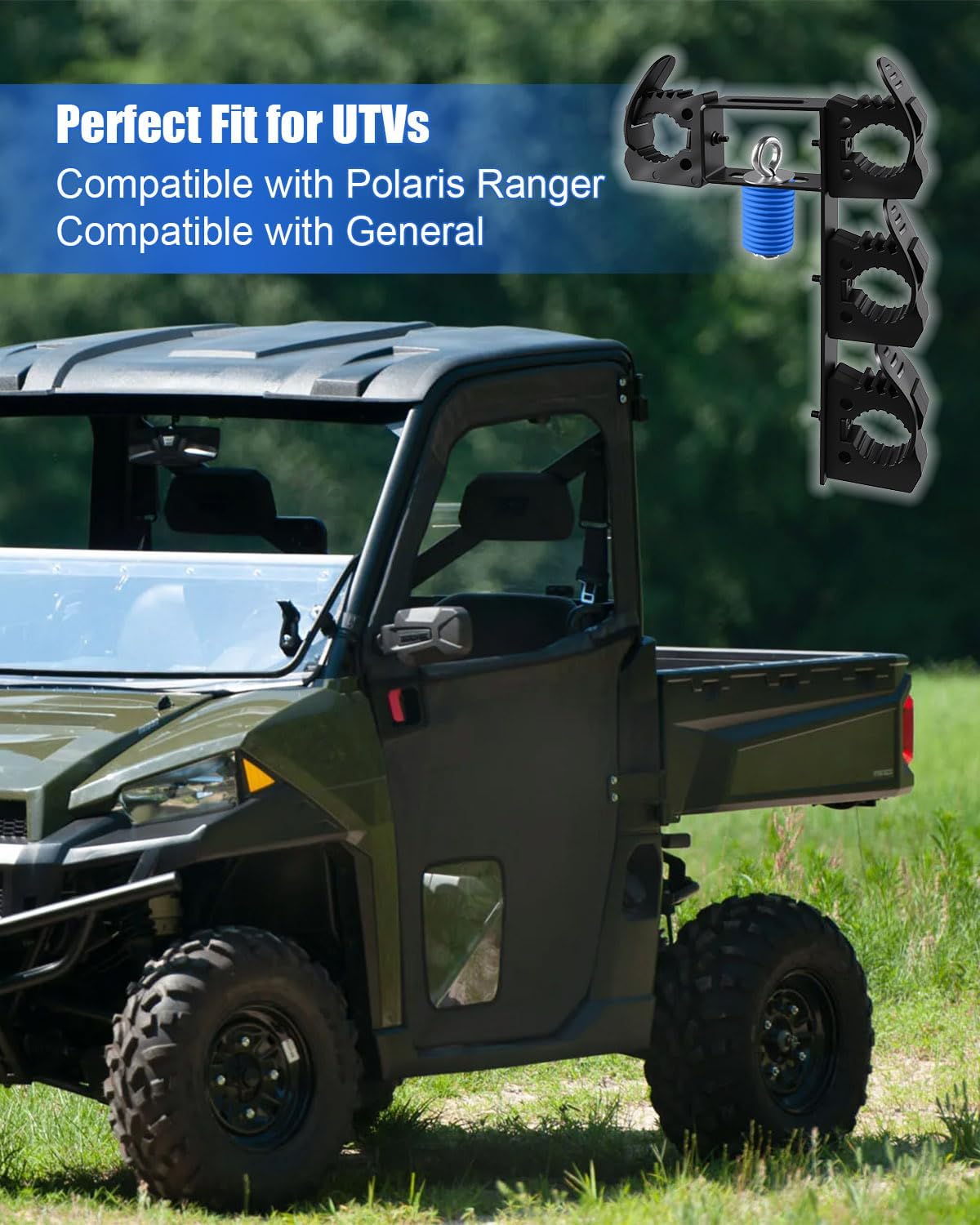 Upgraded Dual UTV Cargo Bed Tool Holders Compatible with Polaris Ranger and General, 4 Position Tool Carrier Mounting Kit, Shovel Holder Fits All UTV Round Bed Anchor Holes, No Drilling