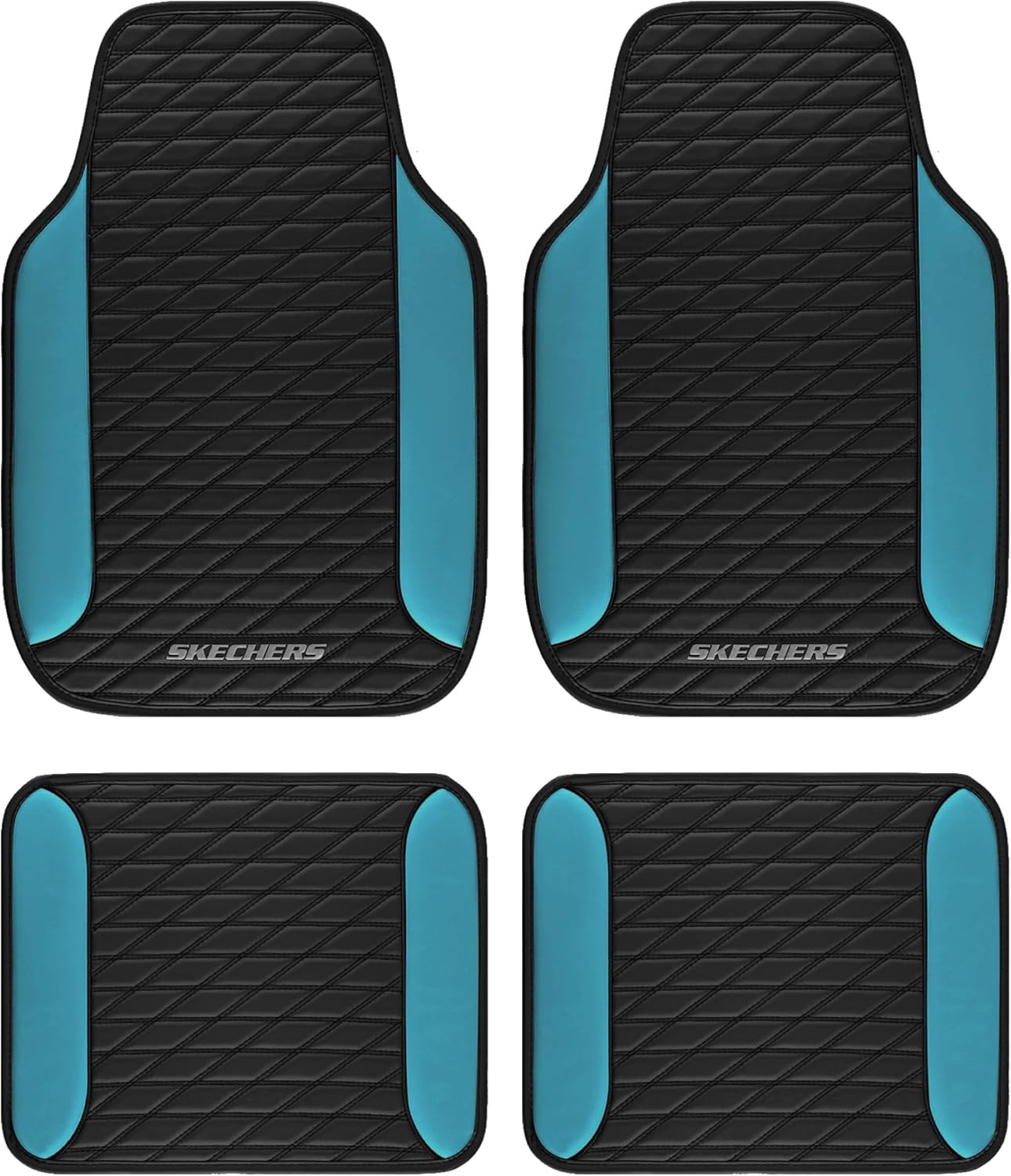Skechers Leather Car Floor Mats with Anti-Slip Pad, Universal Waterproof Fit Automotive Floor Mats for SUV, Vans, Sedans, Trucks - Full Set 4pcs Blue