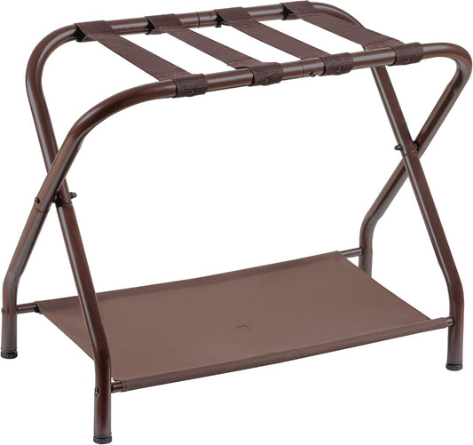 Heybly Luggage Rack, Steel Folding Suitcase Stand with Storage Shelf for Bedroom, Hotel, Foldable Steel Frame, Guest Room Bedroom Hotel, 22.8" L x 11.8" W x 20.9" H, Brown HLR004Z1