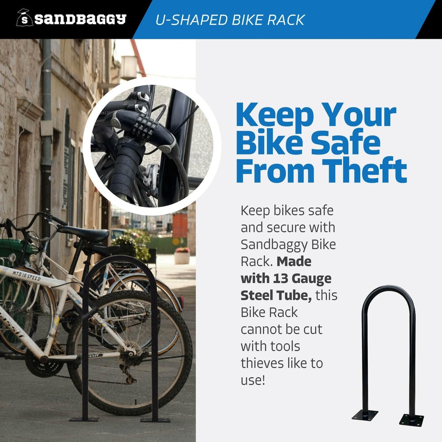 Sandbaggy U Shaped Bike Rack - Outdoor, Commercial - Galvanized Steel - Surface/Ground Mounted (2, Gray)