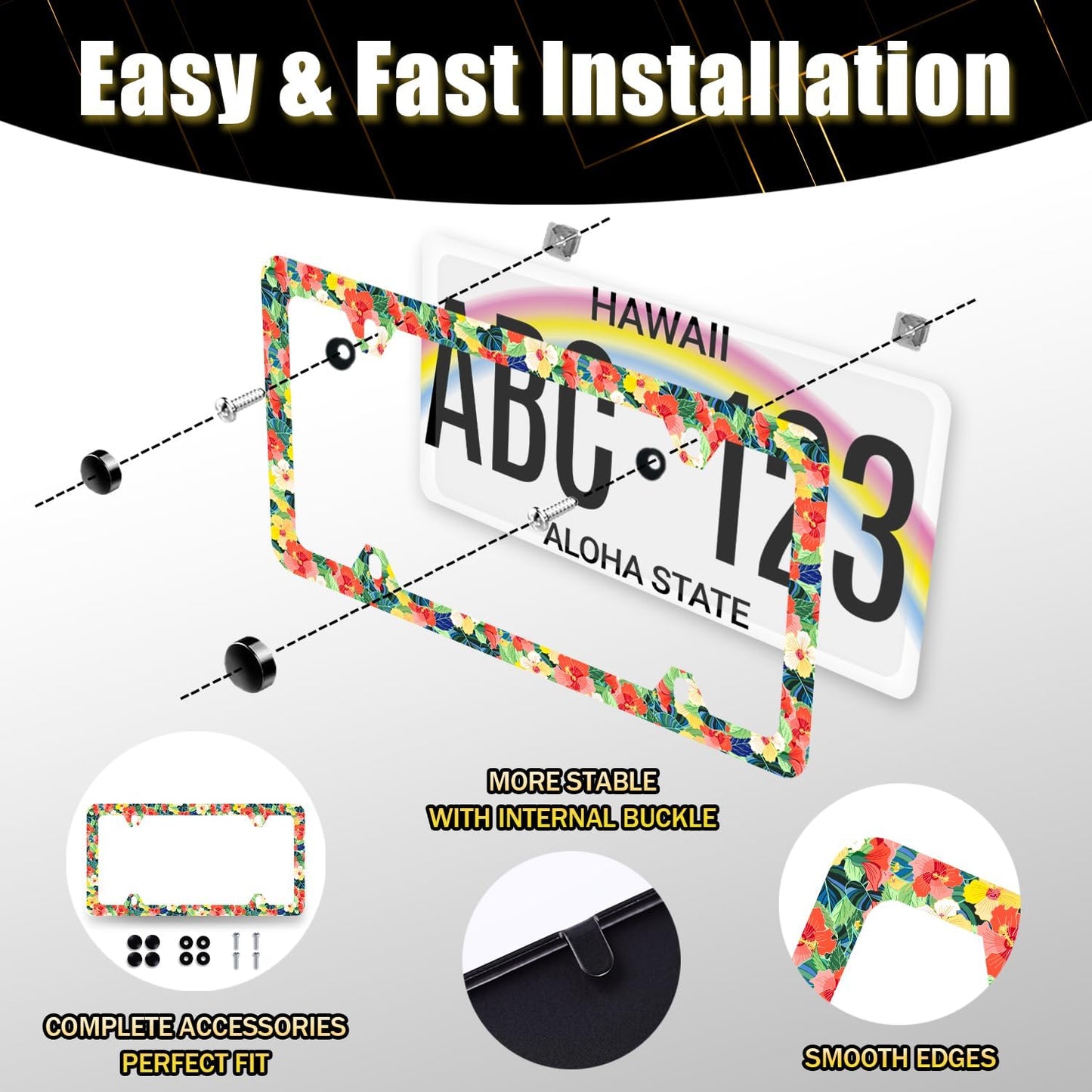 Pink Yellow Hibiscus License Plate Frame Hawaii Floral Flowers License Plate Holder Colorful License Plate for Car Decoration Stainless Steel Car Accessory with Screws Women 12.3" x 6.3"