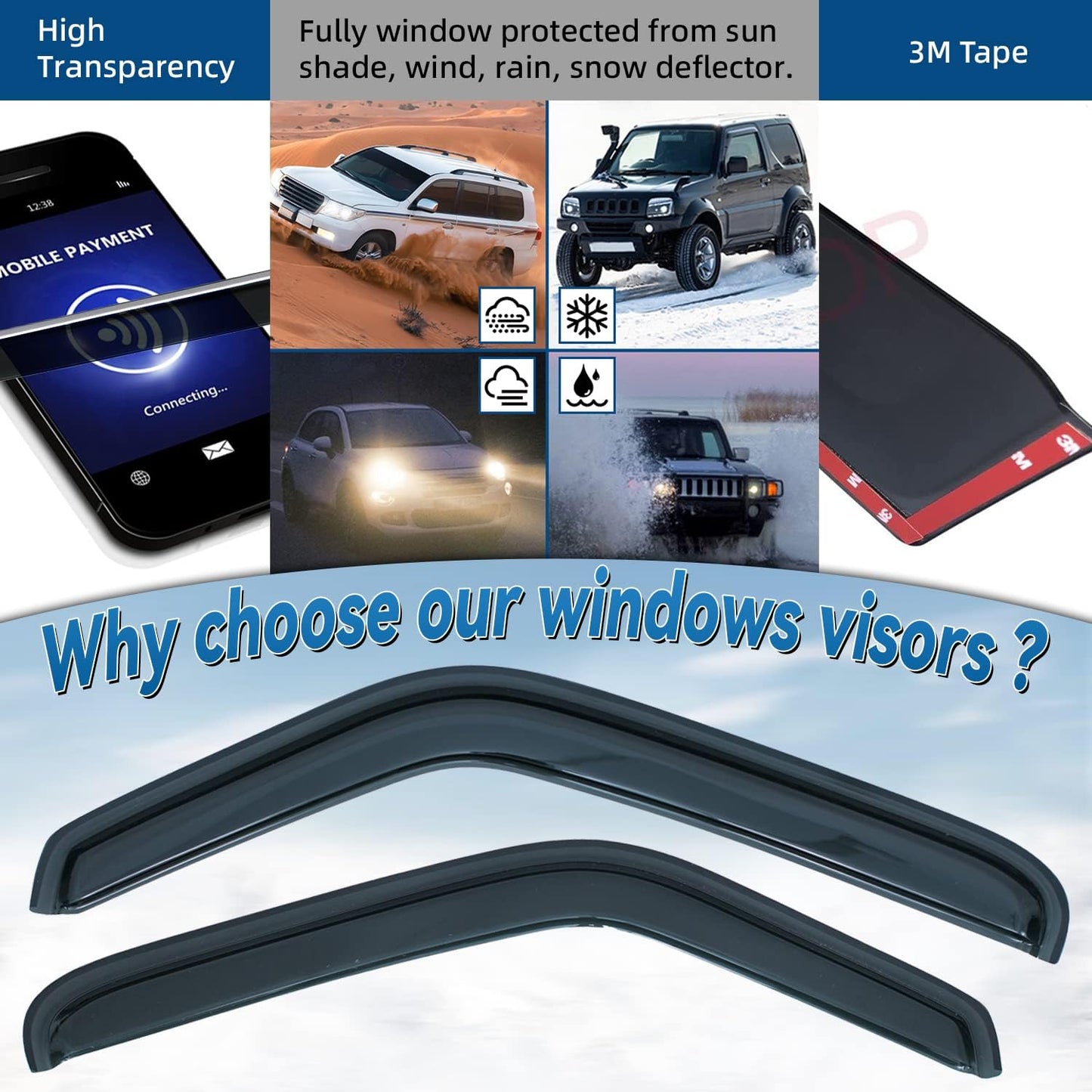 Set of 2 in Channel Front Doors Smoke Sun/Rain Guard Wind Deflector Tape-On Acrylic Window Visors Compatible with 1993-2011 Ranger 1994-2010 B2300/B2500/B3000/B4000 Regular & Extended Cab