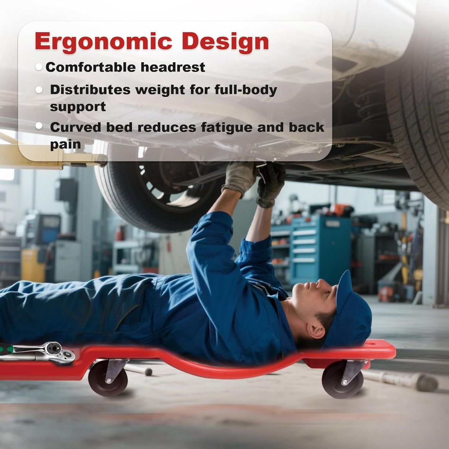 Mechanic Creeper - 40 Inch Rolling Garage Creeper with Padded Headrest and Dual Tool Trays - Low Profile Design for Under Car Repairs - Heavy-Duty Frame 500lb Capacity Red